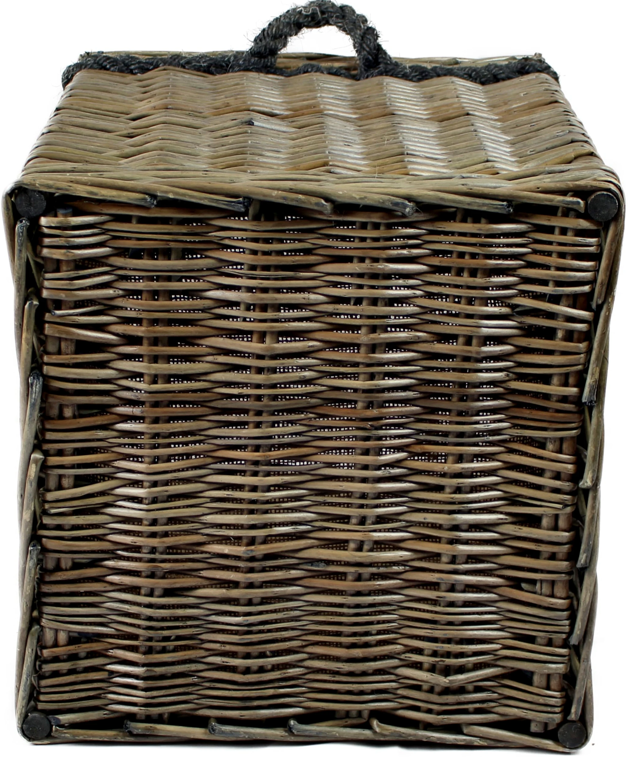 Grande cesto per legna in vimini grigio anticato, manici in corda, contenitore per legna e legna per camino, o scarpe, giocattoli, biancheria (35 litri, quadrato)