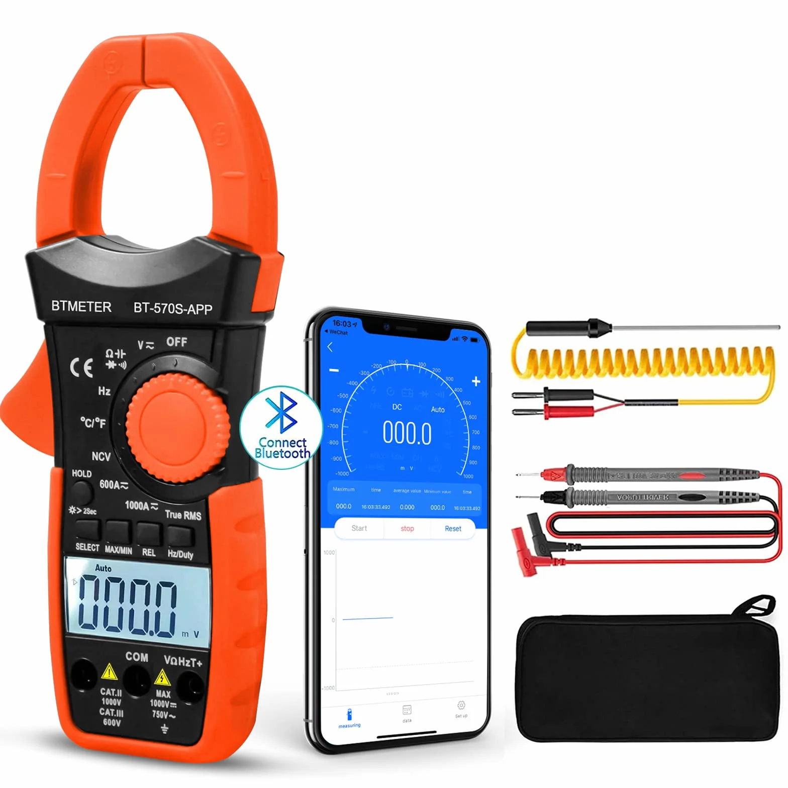 BTMETER Multimetro digitale BT-570S APP con Bluetooth, 6000 conteggi TRMS, pinza di corrente amperometro con selezione auto, tester di tensione, misura AC DC Volt Ampere Ohm NCV capacità di