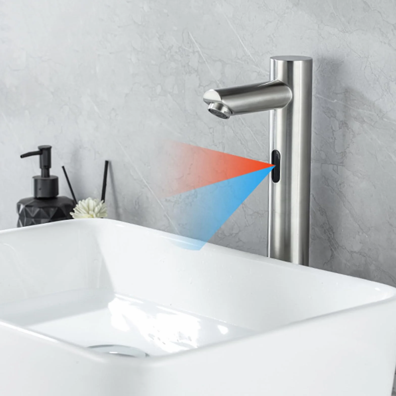 Rubinetto Sensore Automatico Bagno Lavabo Touchless Acqua Calda e Fredda Miscelatore Acciaio Inox Spazzolato Alto