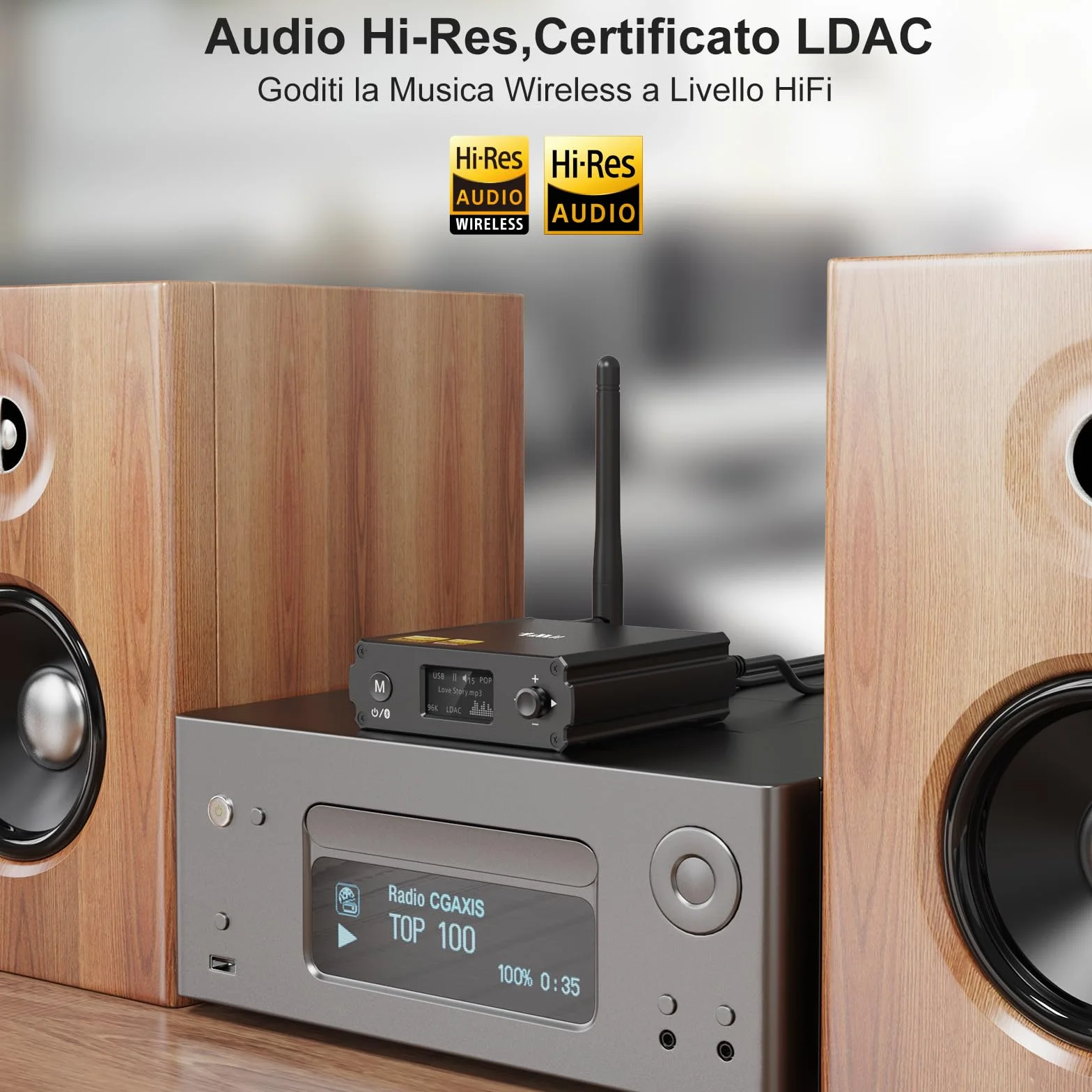 1Mii DS220 Ricevitore Bluetooth HiFi, Adattatore Bluetooth 5.3 Audio con DAC Audiofilo, Hi-Res LDAC/aptX HD/Bassa Latenza, con Uscita Ottica/RCA, Display OLED Modalità EQ per Stereo