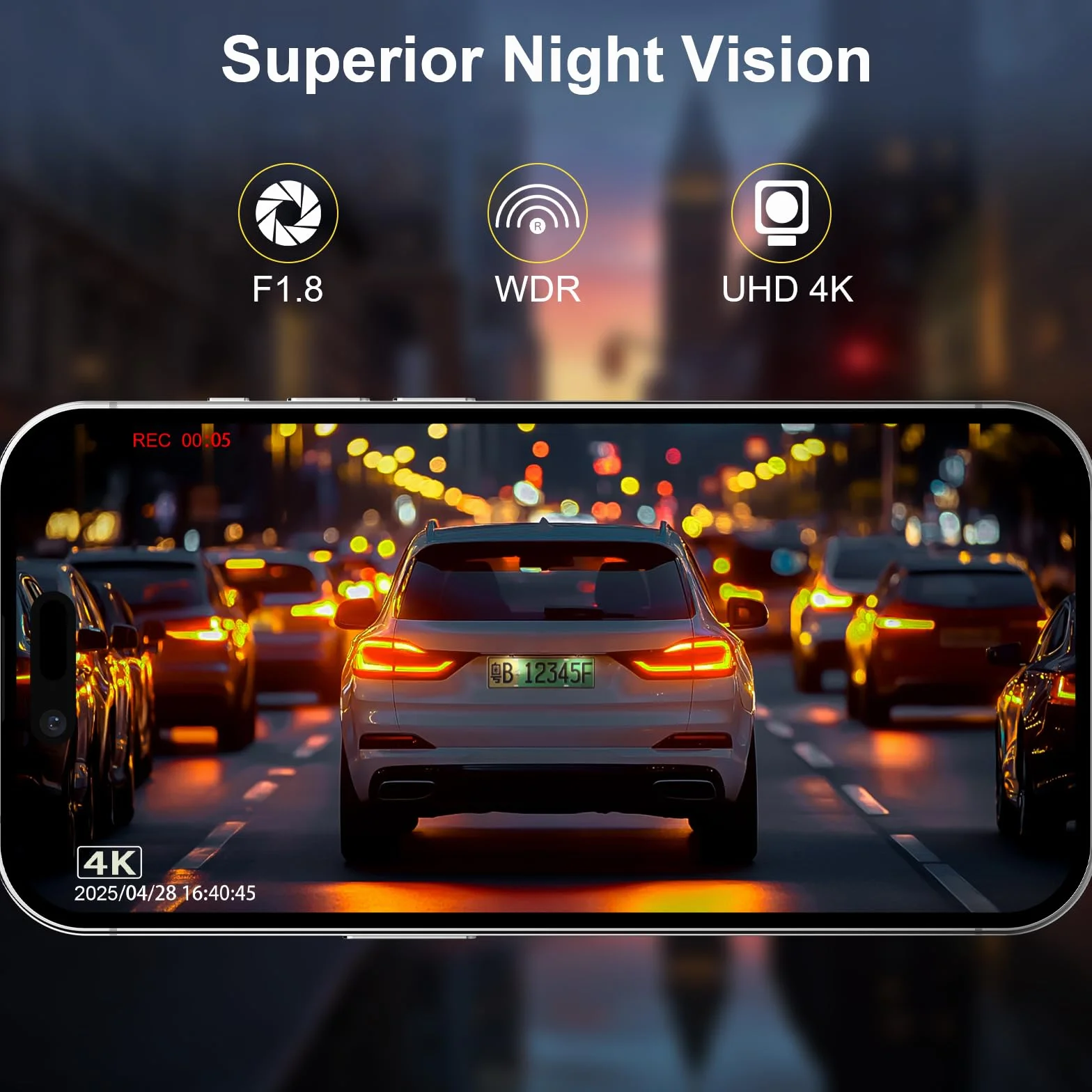 Dash Cam Auto 4k + 1080P, WiFi Dashcam Telecamera per Auto Atti Vandalici con Visione Notturna Migliorata, Sensore di Gravità, Registrazione in Loop, WDR
