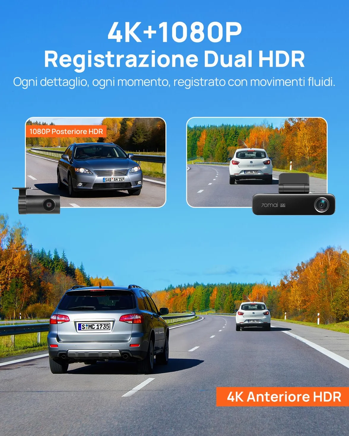 70mai Dash Cam Auto 4K M800 Anteriore e Posteriore, STARVIS 2 IMX678 Super Visione Notturna e Apertura F1.7, Doppio HDR, Supporto 4G LTE e Wi-Fi 5GHz, eMMC da 128 GB Integrata, GPS, Controllo Vocale