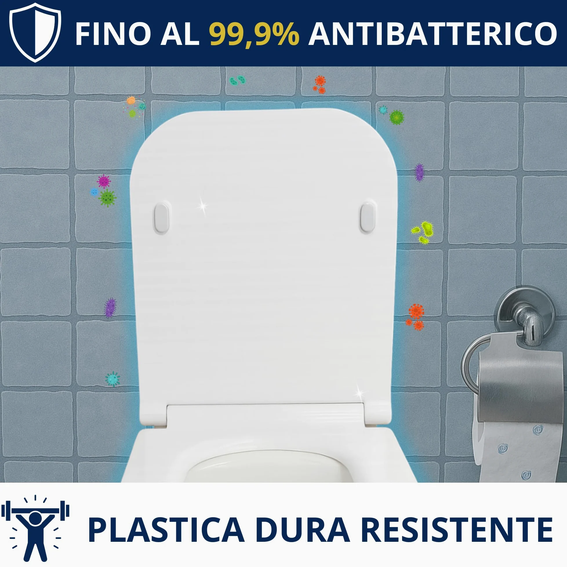 HYDRO HOME Copriwater Forma Rettangolare Super Sottile Slim Chiusura Ammortizzata e Sgancio Rapido Compatibile con vari modelli, Plastica Termoindurente Cerniere Regolabili fissaggio dall'alto Bianco