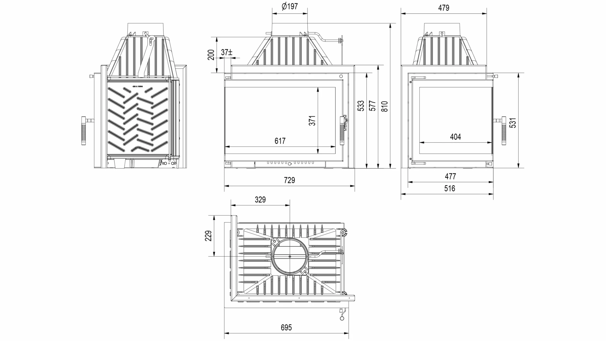 KRATKI Inserto per camino in acciaio a legna SIMPLE 15 kW Ø200 sinistro A | Acciaio nero, efficienza 80,2%, classe A. Ecodesign.; combustione efficiente; basse emissioni; calore uniforme; 200fi Set