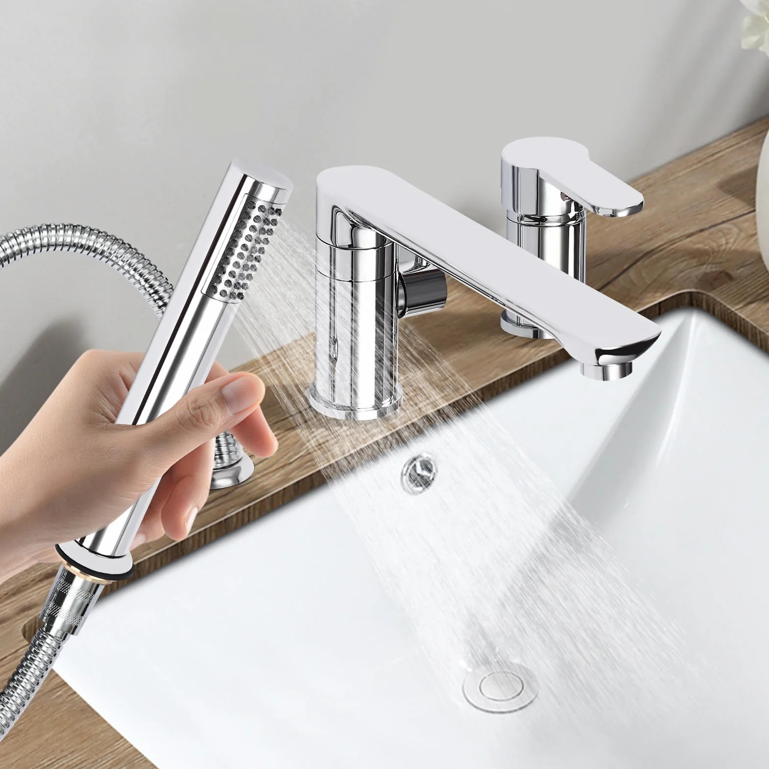 Rubinetto per vasca da bagno a 3 fori con maniglia singola, rubinetteria da bordo vasca con doccetta estraibile e ugello di uscita dell'acqua girevole a 360°, set di rubinetteria per bordo vasca da