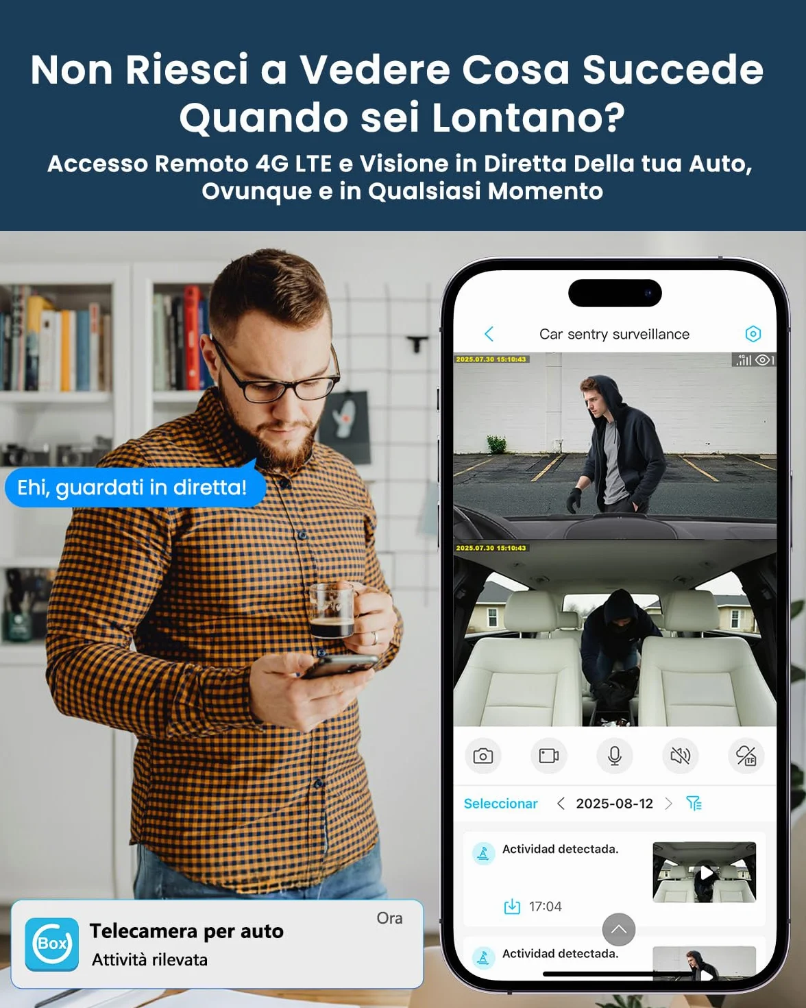 Dash Cam Auto 4G LTE con SIM, Doppia Telecamera per Auto Atti Vandalici, Parcheggio 24/7, Allerte Istantanei, Live-Video & Audio Bidirezionale, GPS, Cloud & SD, Anti-Furto per Flotte & Famiglie