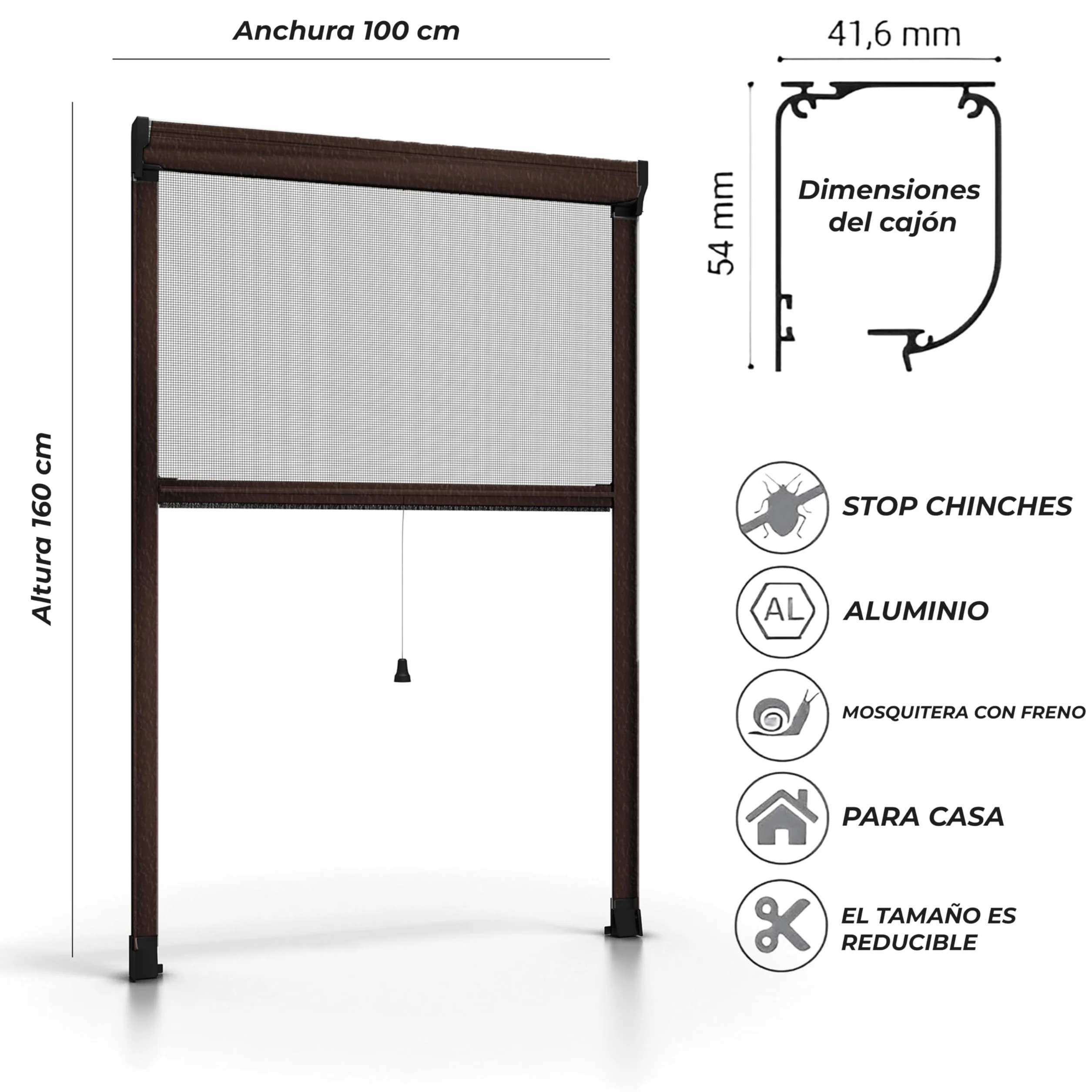 Zanzariera a Rullo per Finestra Tagliabile in Altezza e Larghezza - Telaio in Alluminio, Rete Anti-Insetti (Marrone, 100 x 160 cm)