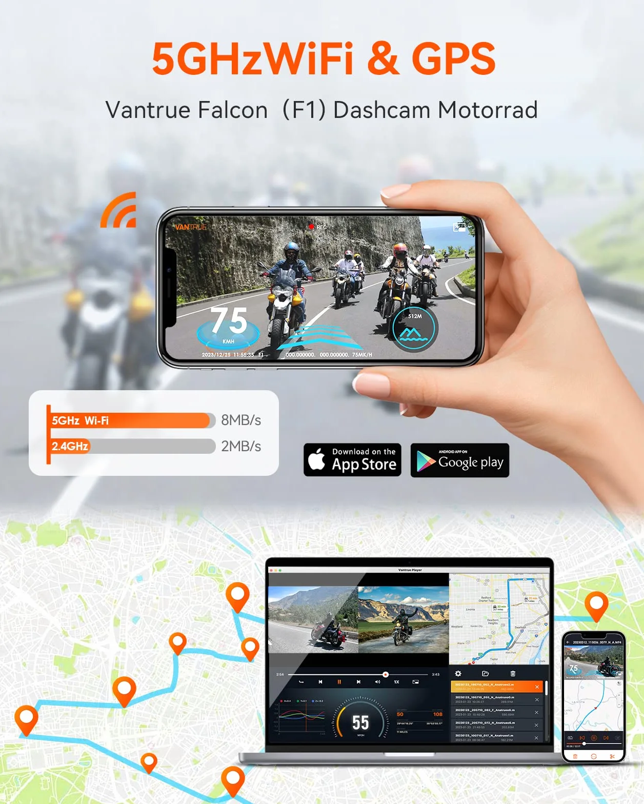 VANTRUE F1 4K+1080P Telecamera Moto Impermeabile IP67, 5GHz WiFi GPS Dash Cam Moto, Avvisi Vocali, 24H Rilevamento Collisione，Statistiche Chilometriche，WDR & HDR & APP, 300° Max 512G