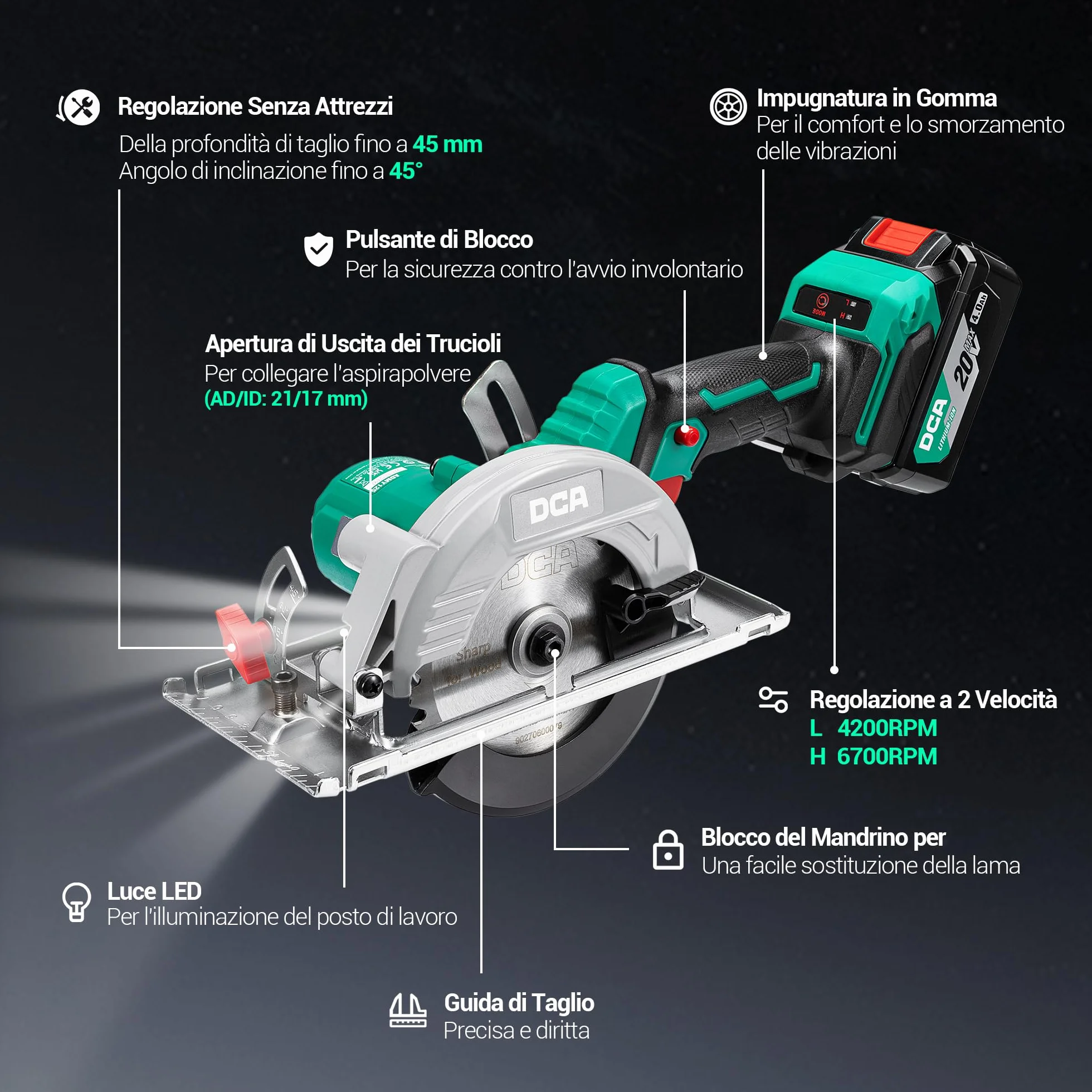 DCA Sega Circolare Mini Senza Spazzole, 2 Velocità 6700/4200 Rpm con 20V 4,0Ah Batteria, 3 Lame Ø125mm e Guida, Profondità Taglio 45mm(90°)/33mm(45°), Per Legno, Plastica, PVC
