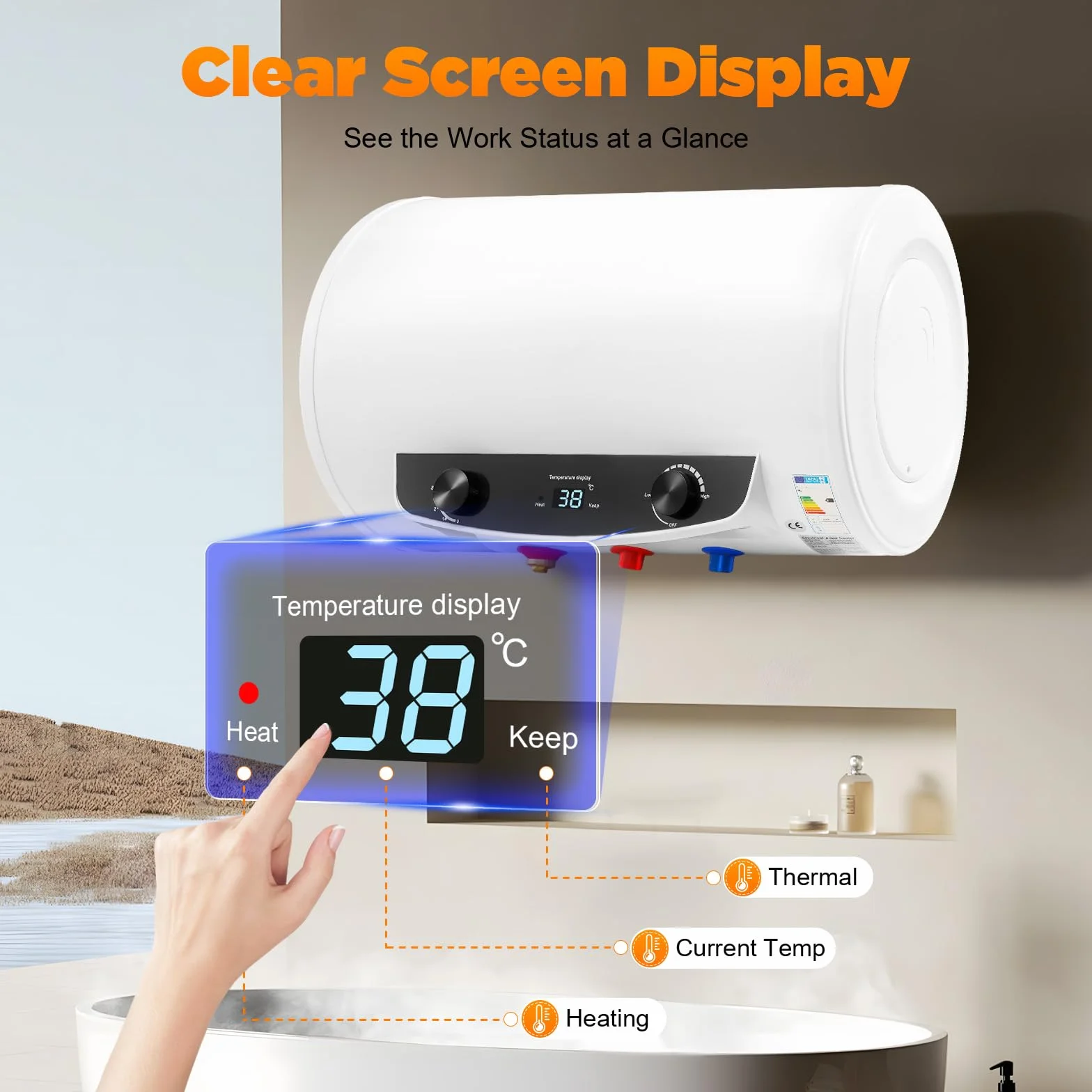 Scaldacqua elettrico, scaldabagno intelligente per uso domestico, scaldabagno elettrico, capacità 35 litri, adatto per cucine, bagni e parrucchieri