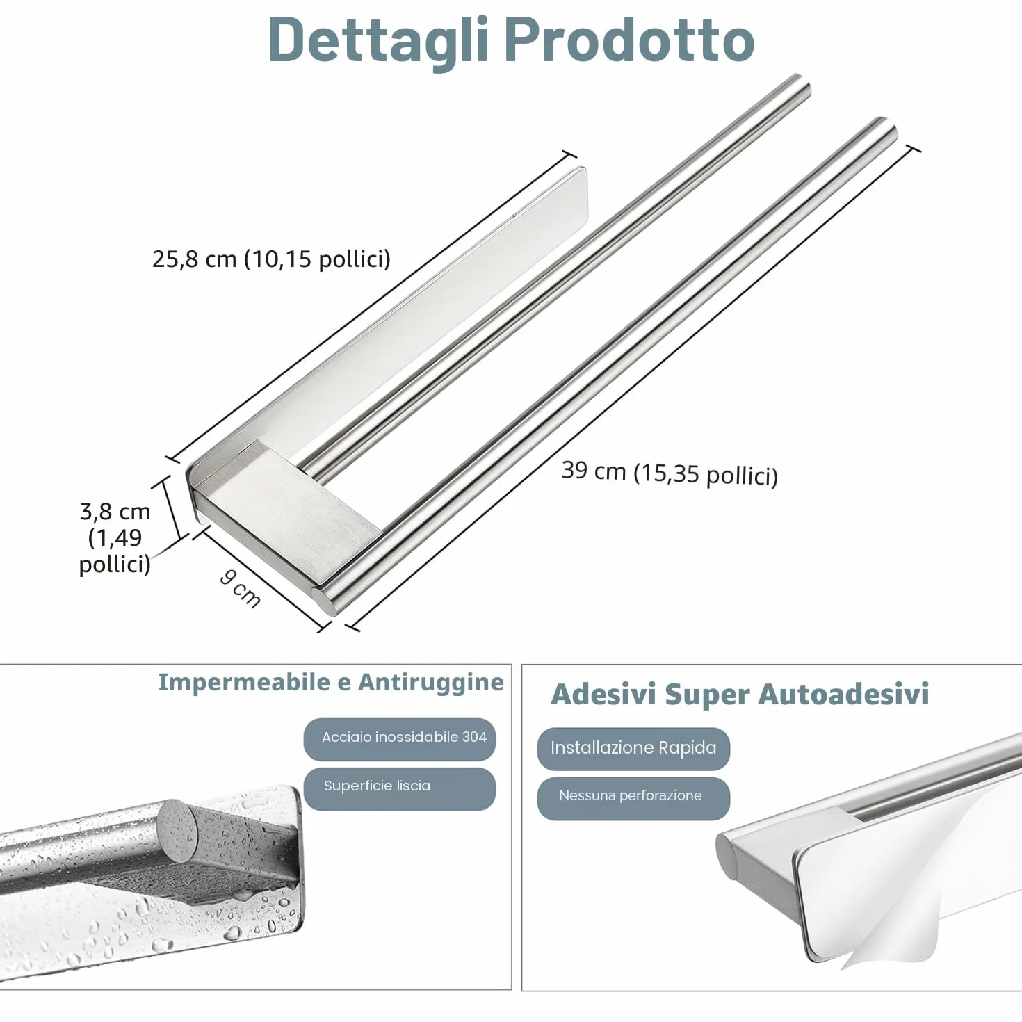 Porta Asciugamani Bagno Adesivo Doppio in Acciaio Inox Argento