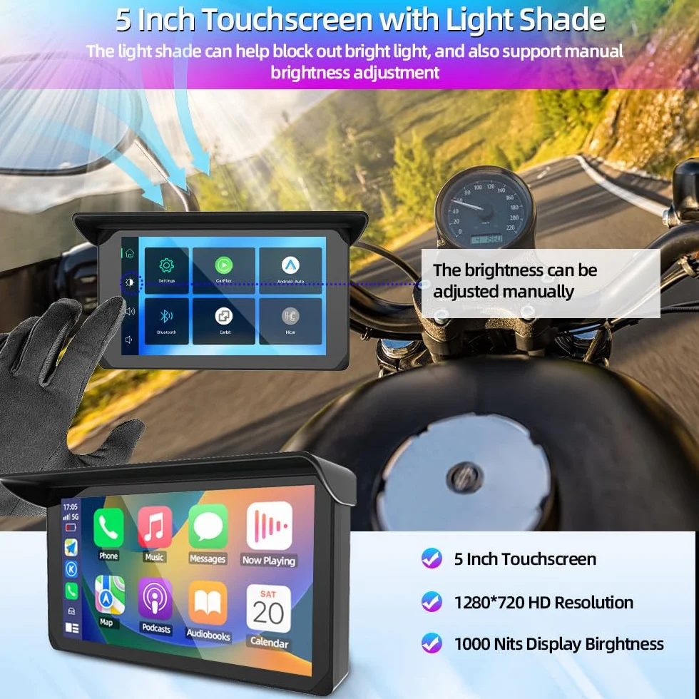 VSYSTO Schermo Carplay per moto, Carplay wireless e Android Auto, touchscreen da 5 pollici, display con indicazione della temperatura e della tensione della batteria,navigazione GPS, assistente vocale
