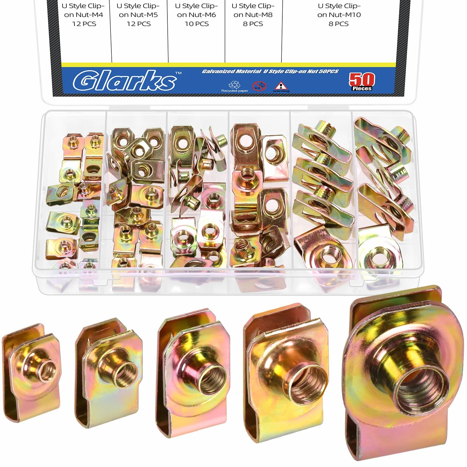 Glarks 50 pezzi clip dadi filettati M4 M5 M6 M8 M10 acciaio al carbonio set morsetti U per autoveicoli