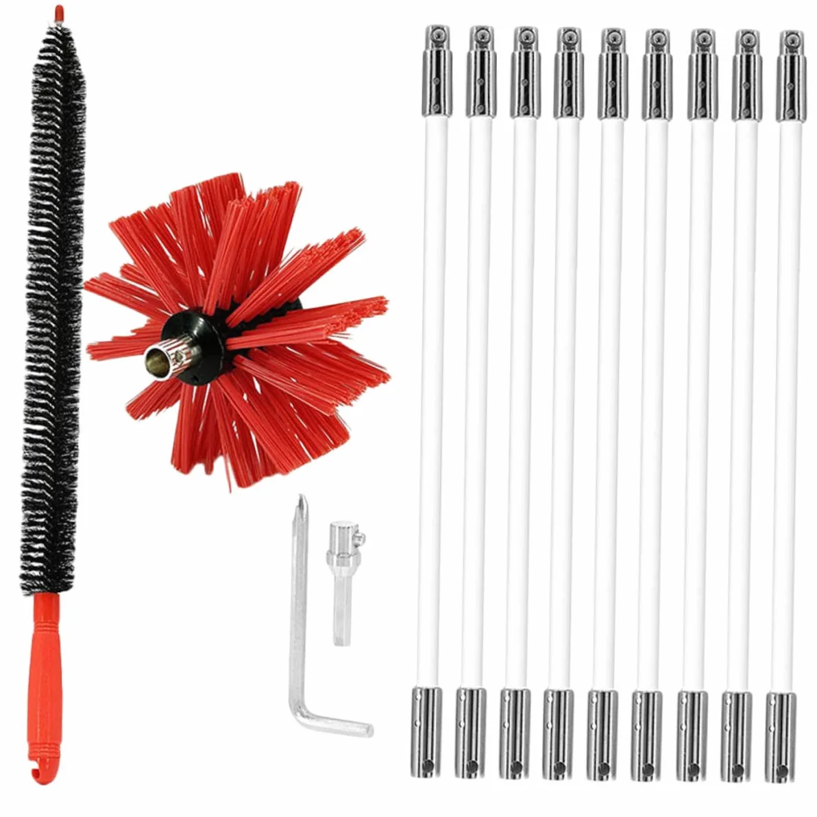 Spazzola per Stufa 9 Aste in Nailon Flessibili per Canne Fumarie | Kit Spazzacamino, Pulizia Tubi Pieghevoli, Non Graffia, per Canne Metalliche e Camini in Mattoni