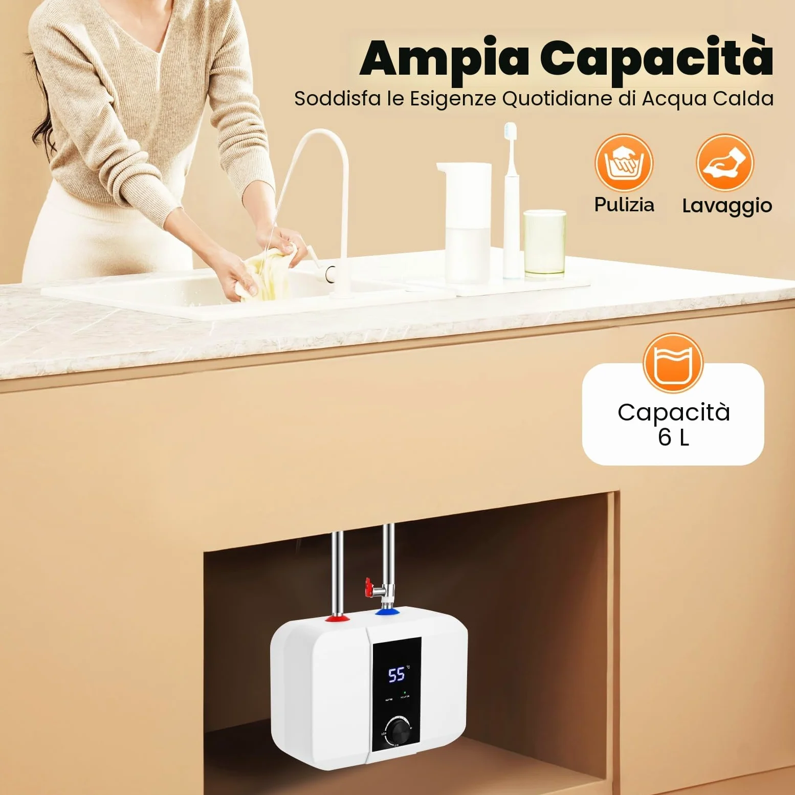 Scaldabagno elettronico da cucina, boiler sottolavello da 6L resistente alla pressione, boiler per acqua da 1500W 220V sottolavello, con indicatore di temperatura LED leggibile per cucine, bagni