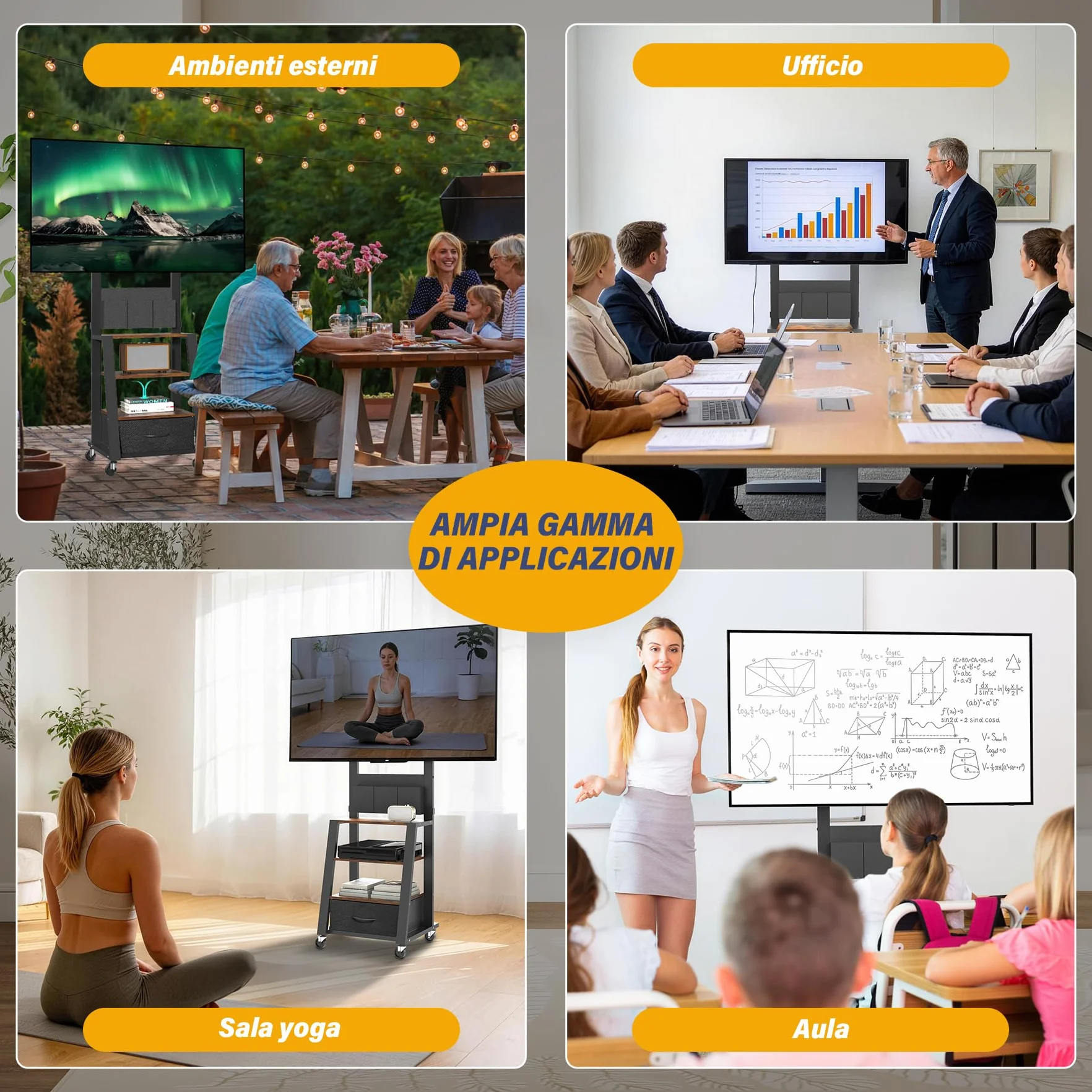 Mobile porta TV con ruote, cassetto e 3 ripiani per TV piatti/curvi da 23"-60", mas 72 kg, per LCD/LED/OLED. Carrello mobile con altezza regolabile per casa, ufficio e esterni, VESA mas 400x400mm