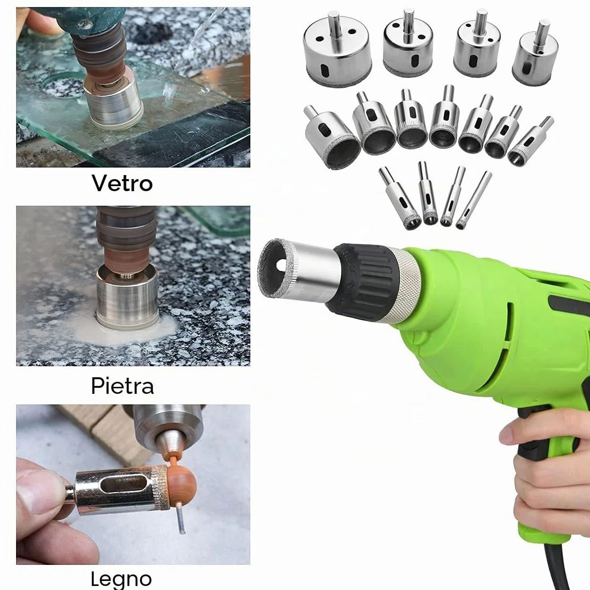 Flintronic Set di Punte Diamantate, 15 Frese a Tazza Professionale, per Vetro Piastrelle Ceramica Marmo Porcellana, Acciaio al Carbonio 8-50mm