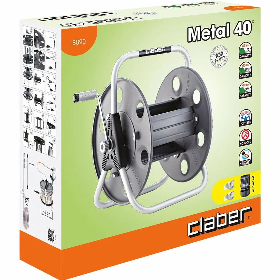 Claber Metal 40, avvolgitubo manuale da giardino in metallo, portatile installabile a parete