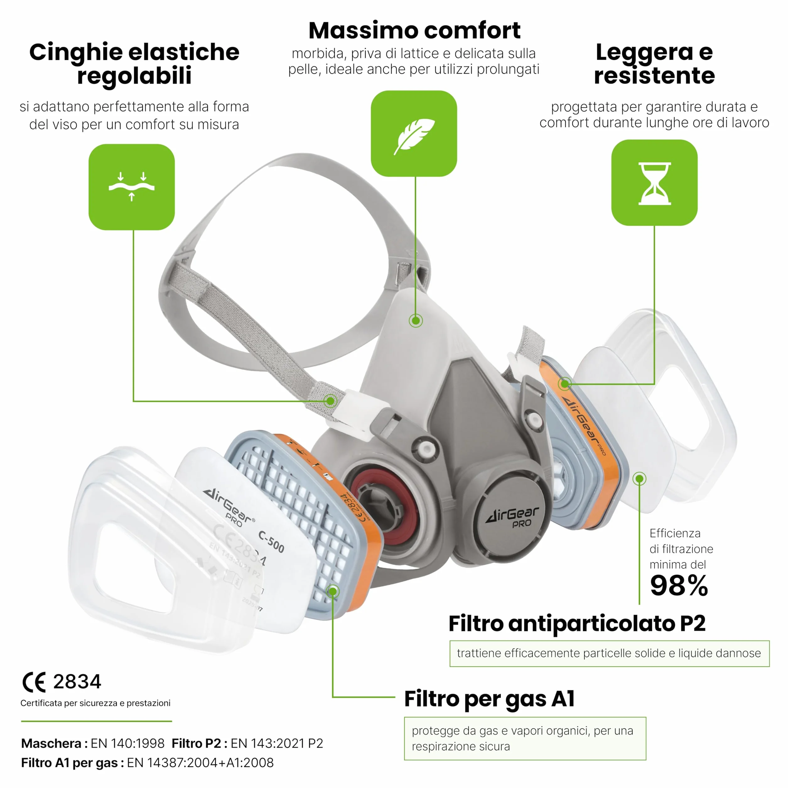AirGearPro G-500 Maschera di protezione respiratoria riutilizzabile con filtri e occhiali di protezione