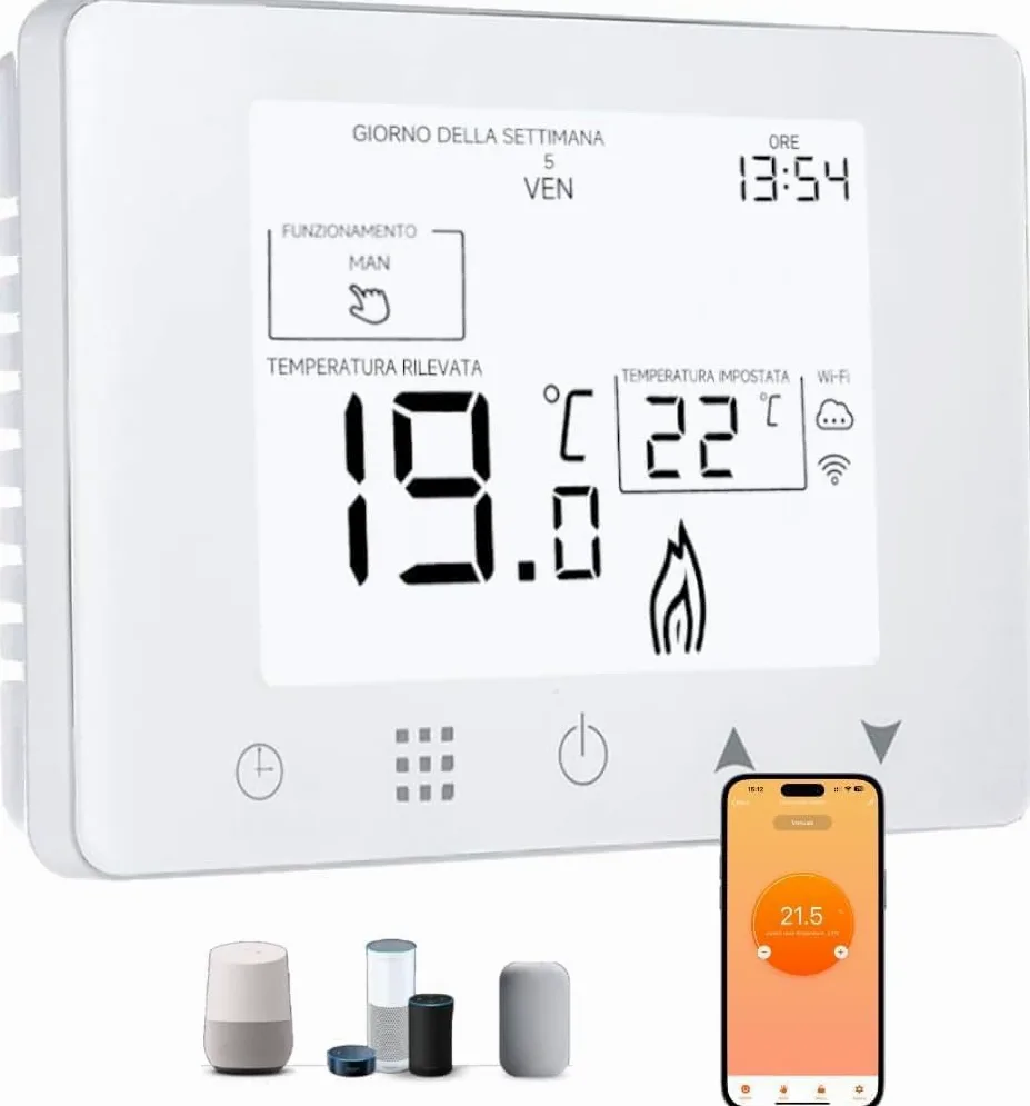 Cronotermostato Termostato WiFi per caldaia gas/acqua, Termostato Smart da Parete Intelligente compatibile con Alexa e Google, Funzione Programmabile