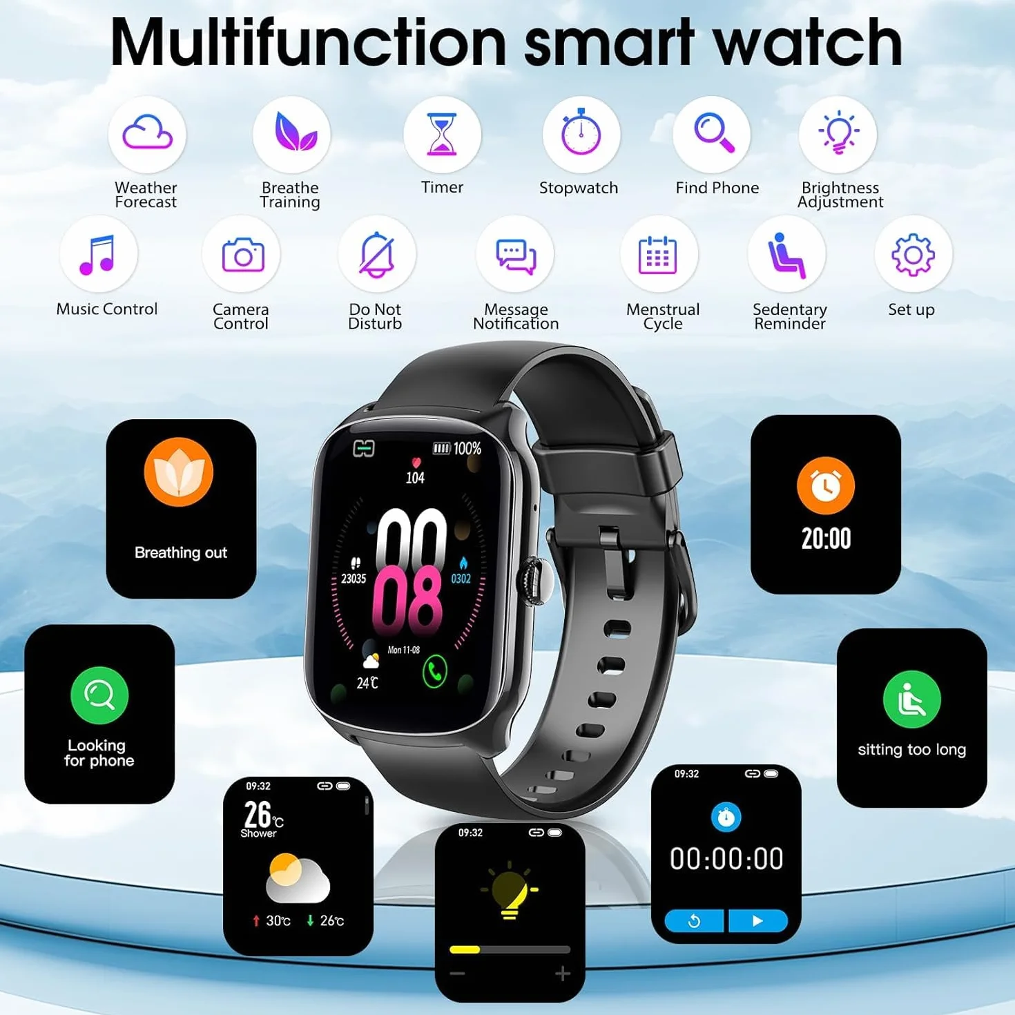 Smartwatch Uomo Donna, 1.95 schermo curvo Orologio watch Chiamate Bluetooth, 110+ Modalità Sportive Fitness watch, Contapassi Sonno Cardiofrequenzimetro, IP68 Smart watch per iOS/Android, Nero