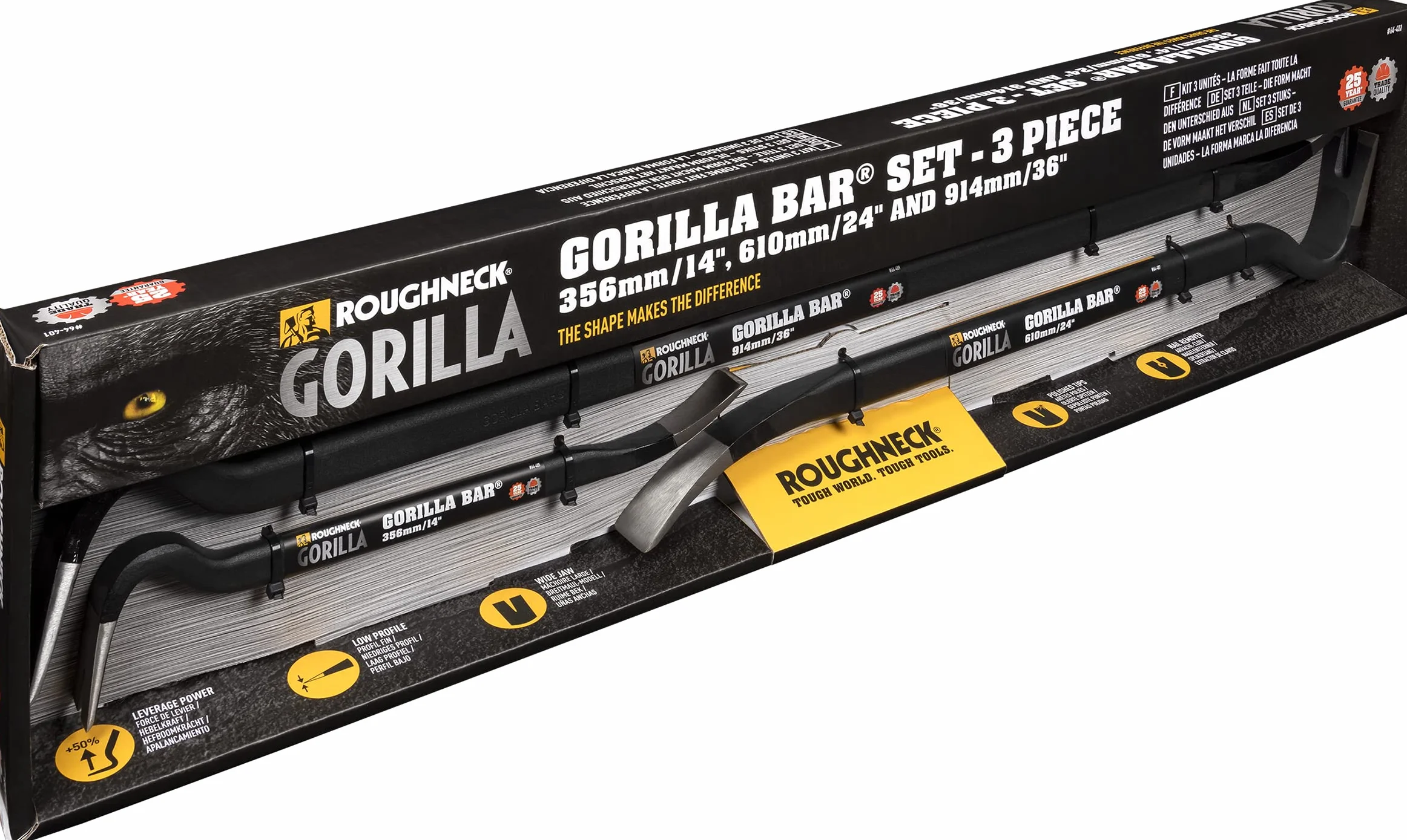 Roughneck Gorilla Bar Set di 3 Piede di Porco 14" 24" 36" Acciaio Impugnatura Verniciata a Polvere