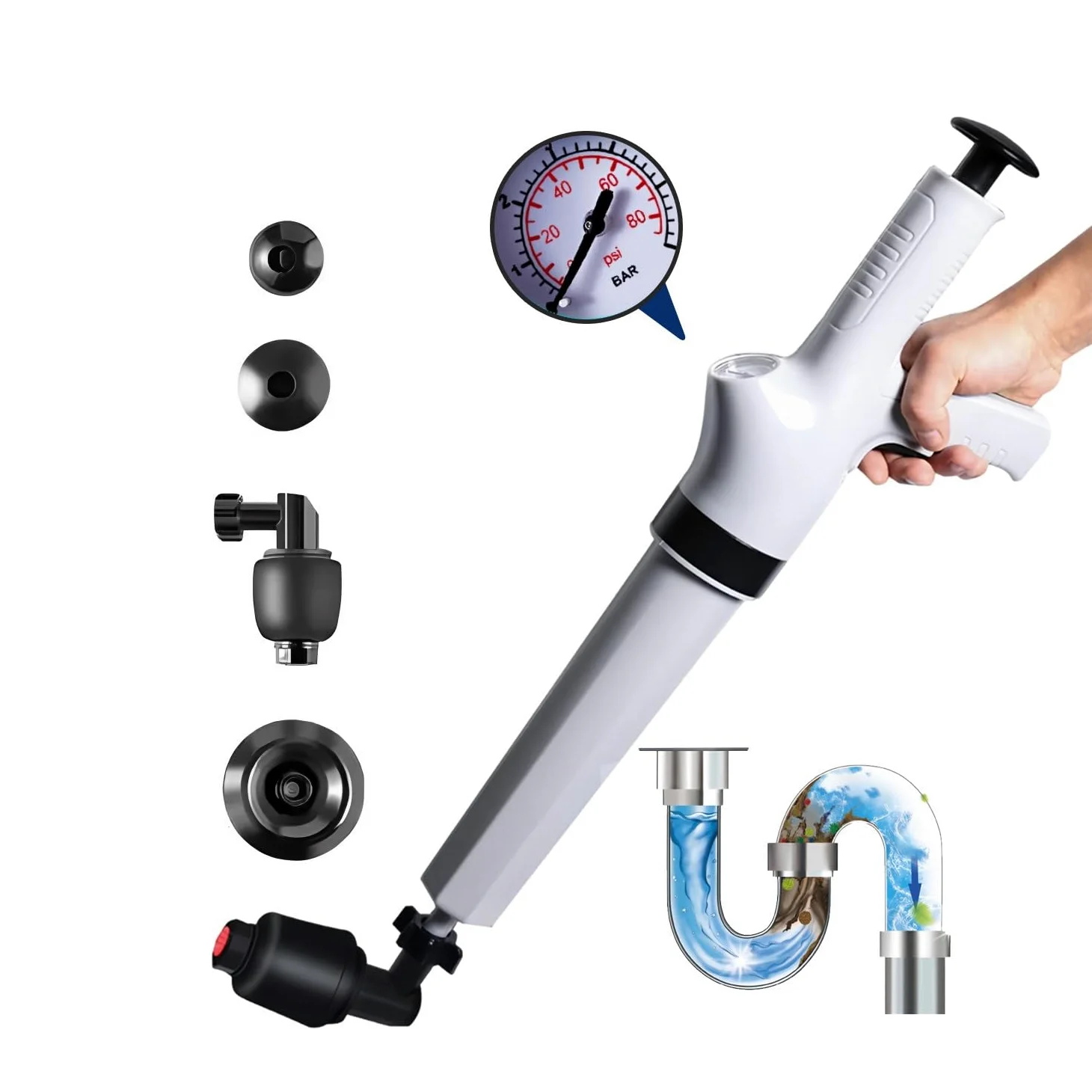 Pompa Stura Scarichi a Pressione con Barometro, Sturalavandino ad Aria Compressa con 4 Teste Sostituibili, Sturalavandini a Pressione, per Disintasare WC Lavello Doccia, Grigio