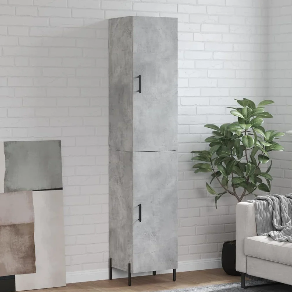 Armadietto alto di alta qualità, grigio cemento, 34,5 x 34 x 180 cm, in legno con piedini in metallo, elegante armadio da soggiorno, spazio portaoggetti, pratica porta, adatto come credenza