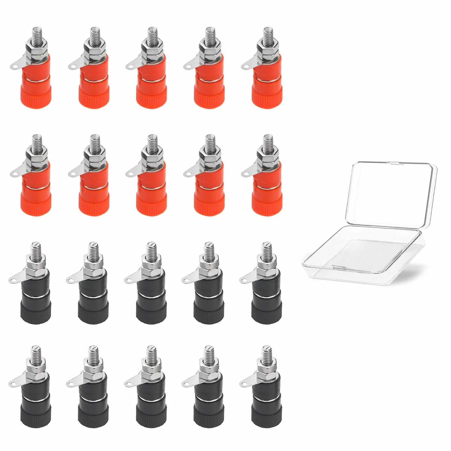 20 Presa a Banana Professionali da 4mm, Connettore Banana Jack Terminale del Binding, Connettori Femmina per Pannello Altoparlanti e Apparecchi Audio, Incluso Contenitore Portaoggetti 10 Neri 10 Rossi