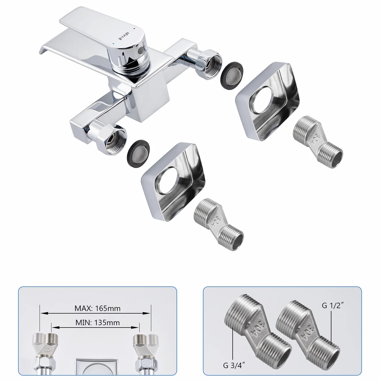 Miscelatore Vasca da Bagno a Cascata in Ottone, Rubinetto Doccia a Parete, Cromo Argento G 1/2"