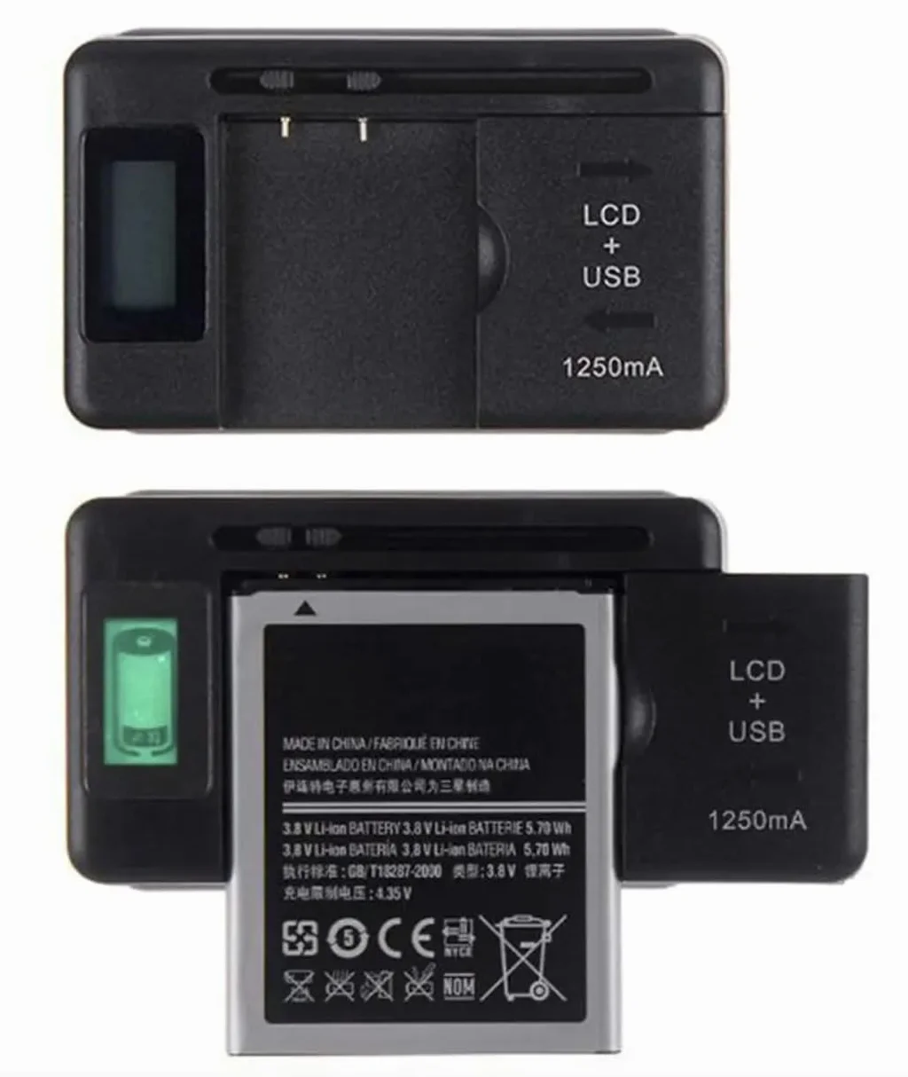 2in1 USB + CA100-240V Caricabatterie | Universale Caricabatterie per Telefono Cellulare per Batterie 32-50mm | Con Schermo LCD | Caricabatterie USB per Fotocamera DSLR Telefono Cellulare