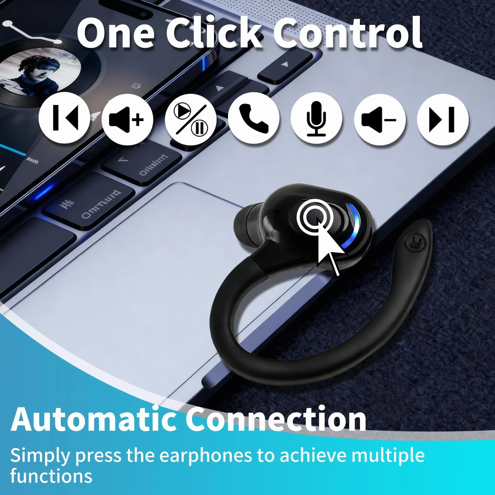 Auricolare Bluetooth Mono V5.2 Senza Fili con Microfono Integrato Gancio Anticaduta 360°, 20 Ore Autonomia Ricarica Rapida, Cancellazione Rumore, Auricolare Wireless Compatibile con iPhone Android PC