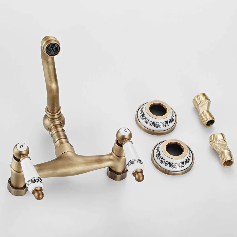 Rubinetto Bronzo a Muro in Ottone con Doppio Manopole in Ceramica Rotazione 360 ° Rubinetto per Cucina a Parete Vintage Supporto Caldo e Freddo Raffinato