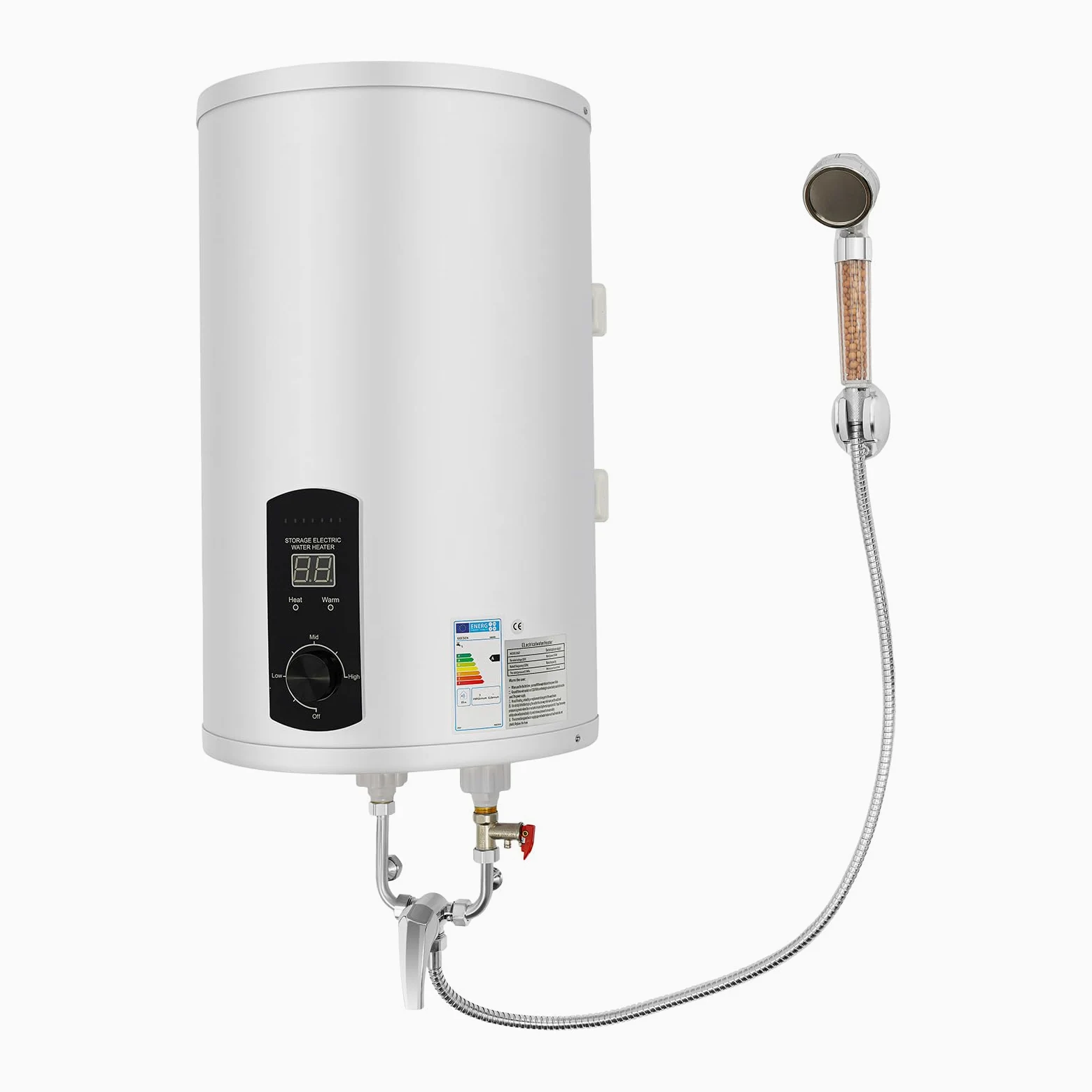 Scaldabagno elettrico a parete verticale da 30 l, con indicatore digitale della temperatura, regolabile da 25 a 75 °C, per bagno, cucina, camper, incl. doccia e rubinetto