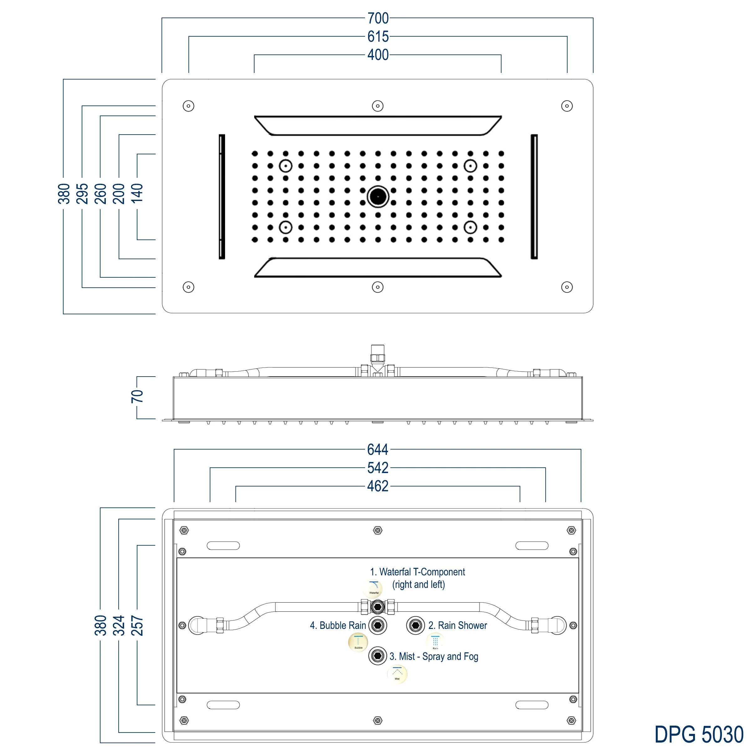 Soffione a incasso, soffione con installazione a soffitto XXLDPG5030 - in acciaio inox - 70 x 38 cm