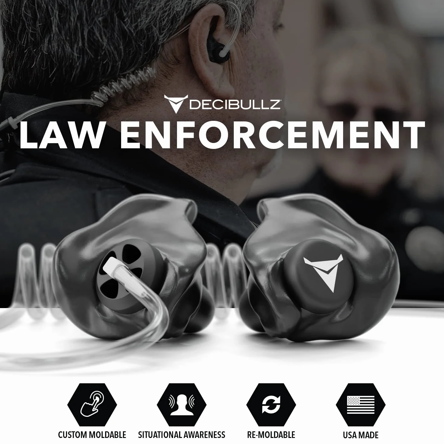 Decibullz Set di auricolari di sorveglianza bidirezionale di sicurezza modellati personalizzati, Thermo-Fit progettato per radio a tubo acustico trasparente | Modello: +Awareness