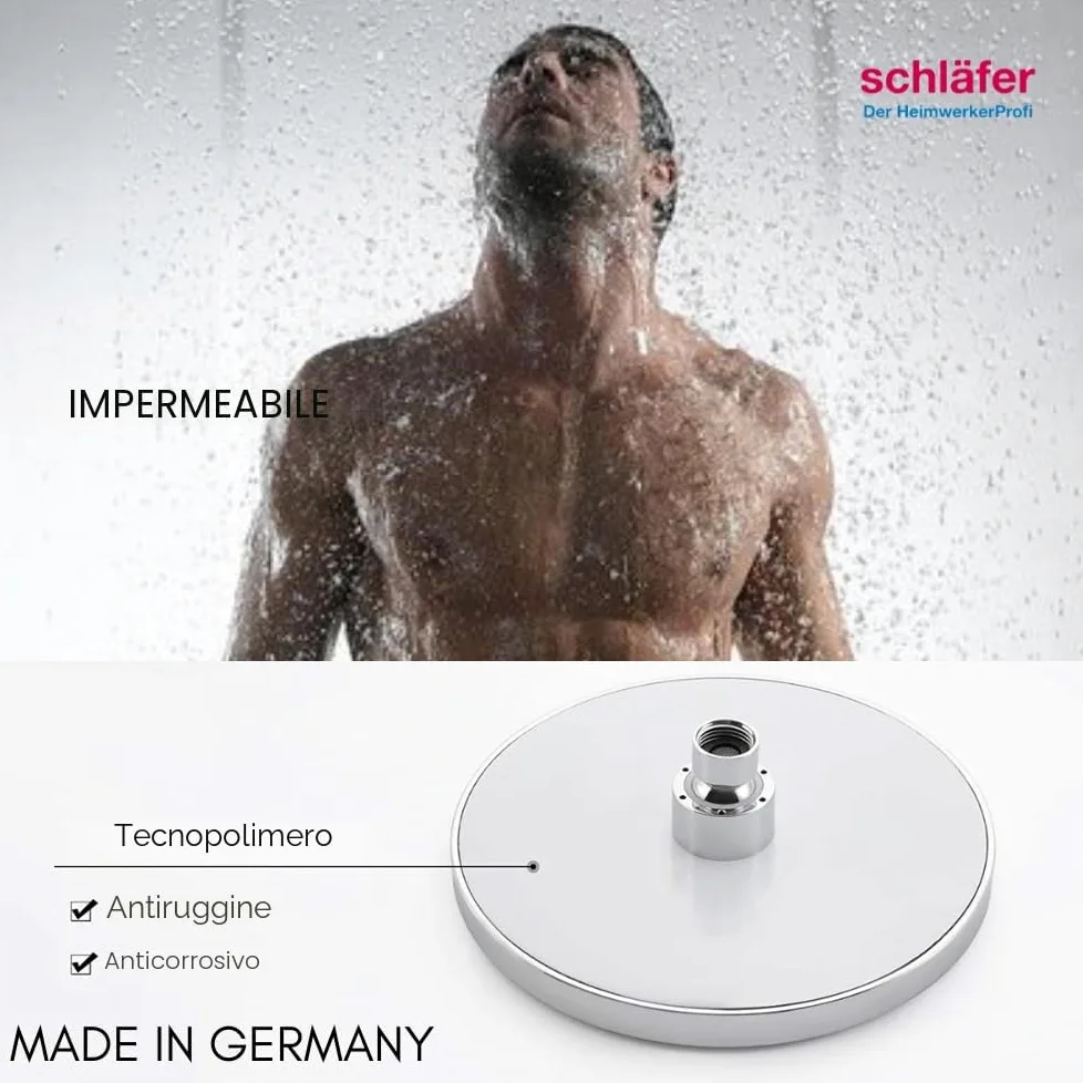 Schläfer 136010 | Soffione Doccia Tondo Ø 20cm, Soffione Doccia Anticalcare con Getto a Pioggia ad Alta Pressione in Abs, Snodo Girevole Universale G 1/2"
