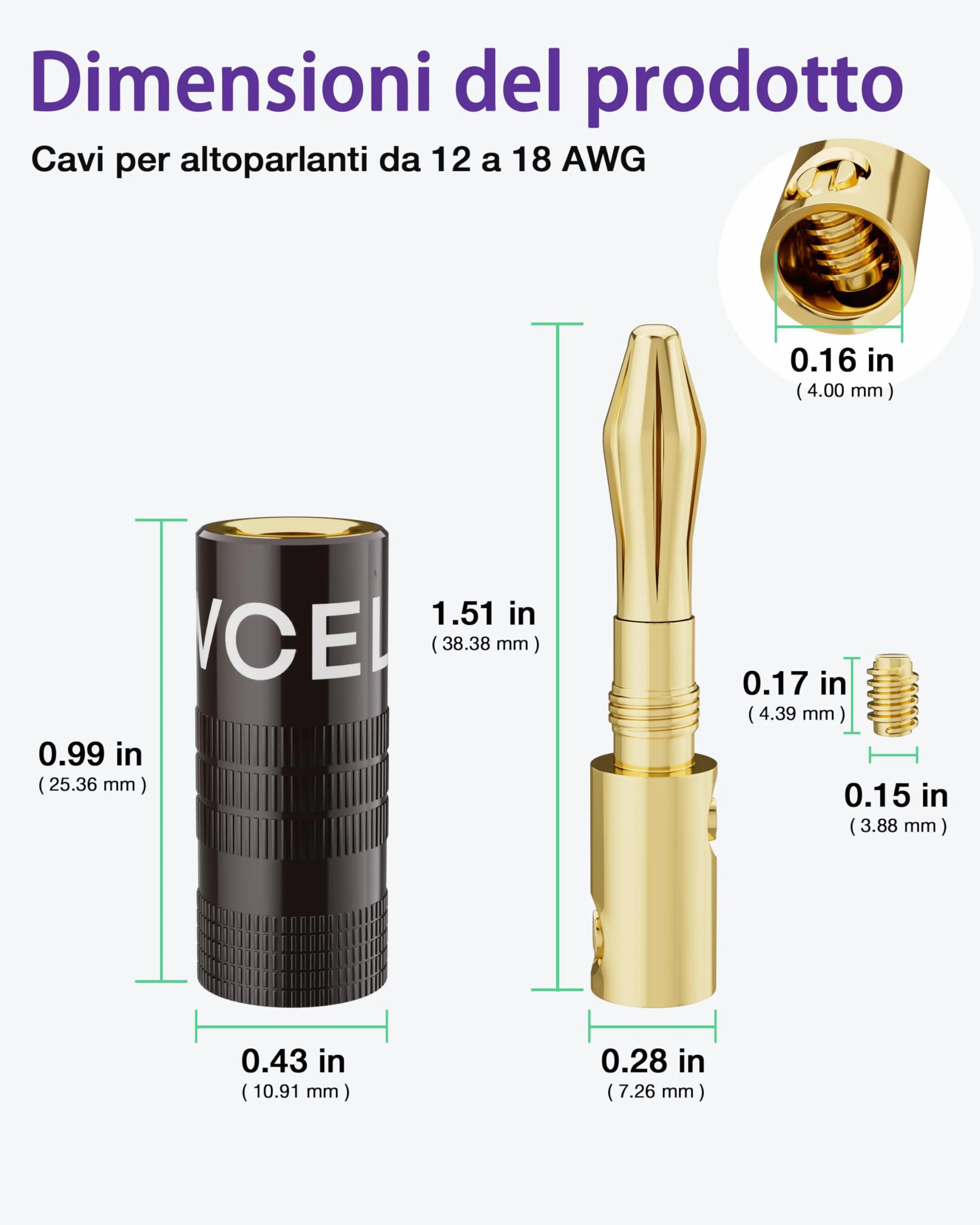 VCELINK 4mm Connettori a Banana, Placcate in oro 24K Connettori Banane Hifi a Doppia Vite per Fili da 12-18 AWG, Piastra a muro, Amplificatore, Home Theater, 4 Pezzie