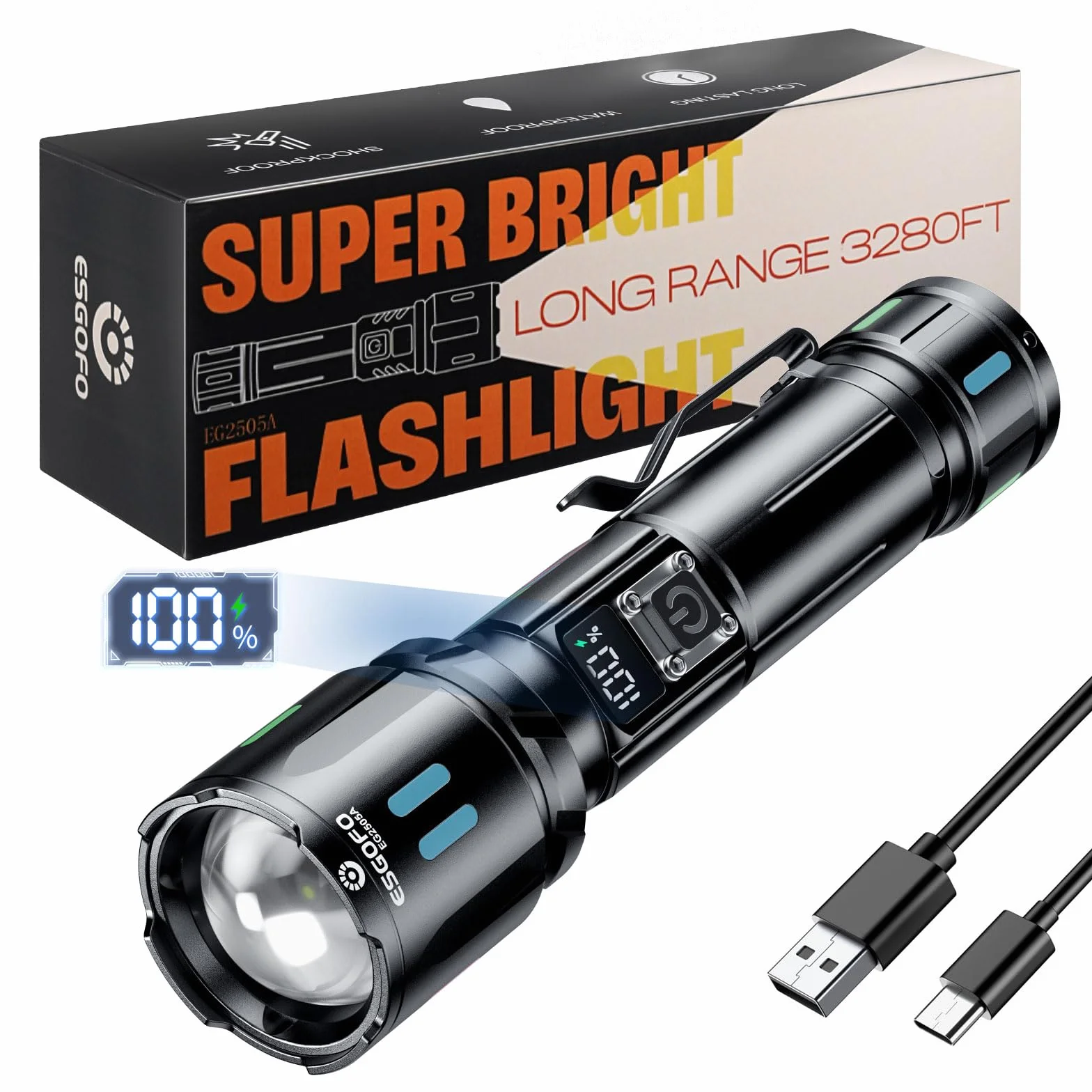 Esgofo LED Torcia Professionale 1000000 Lumens Ricaricabile Zoomabile USB C 3 Modalità 15H