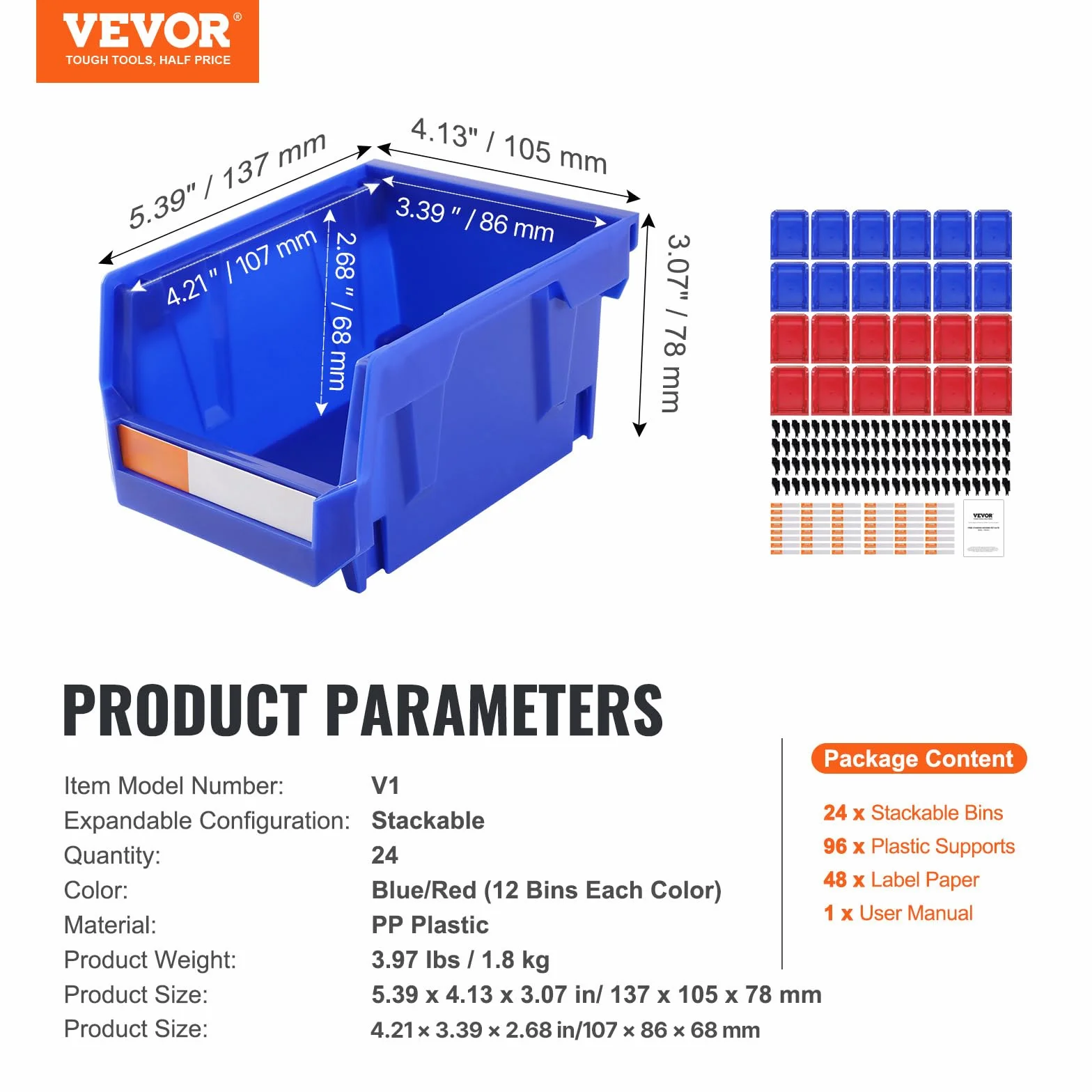 VEVOR 24 Pezzi Scatole Impilabili in Plastica 137x105x78mm Portaoggetti da Muro Officina Garage