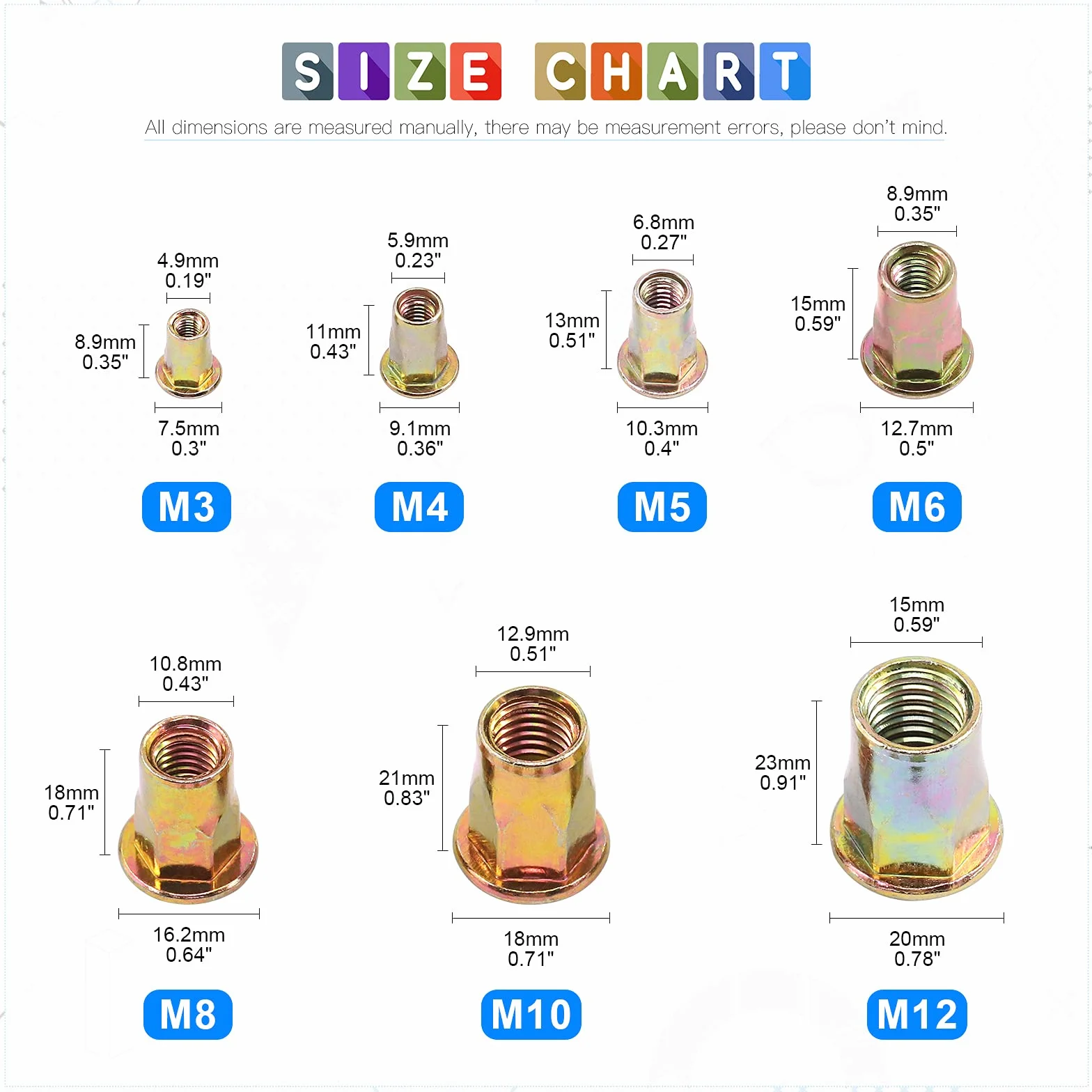 Glarks M3 Set dadi rivetti testa piatta acciaio carbonio zincato inserti filettati 60 pezzi