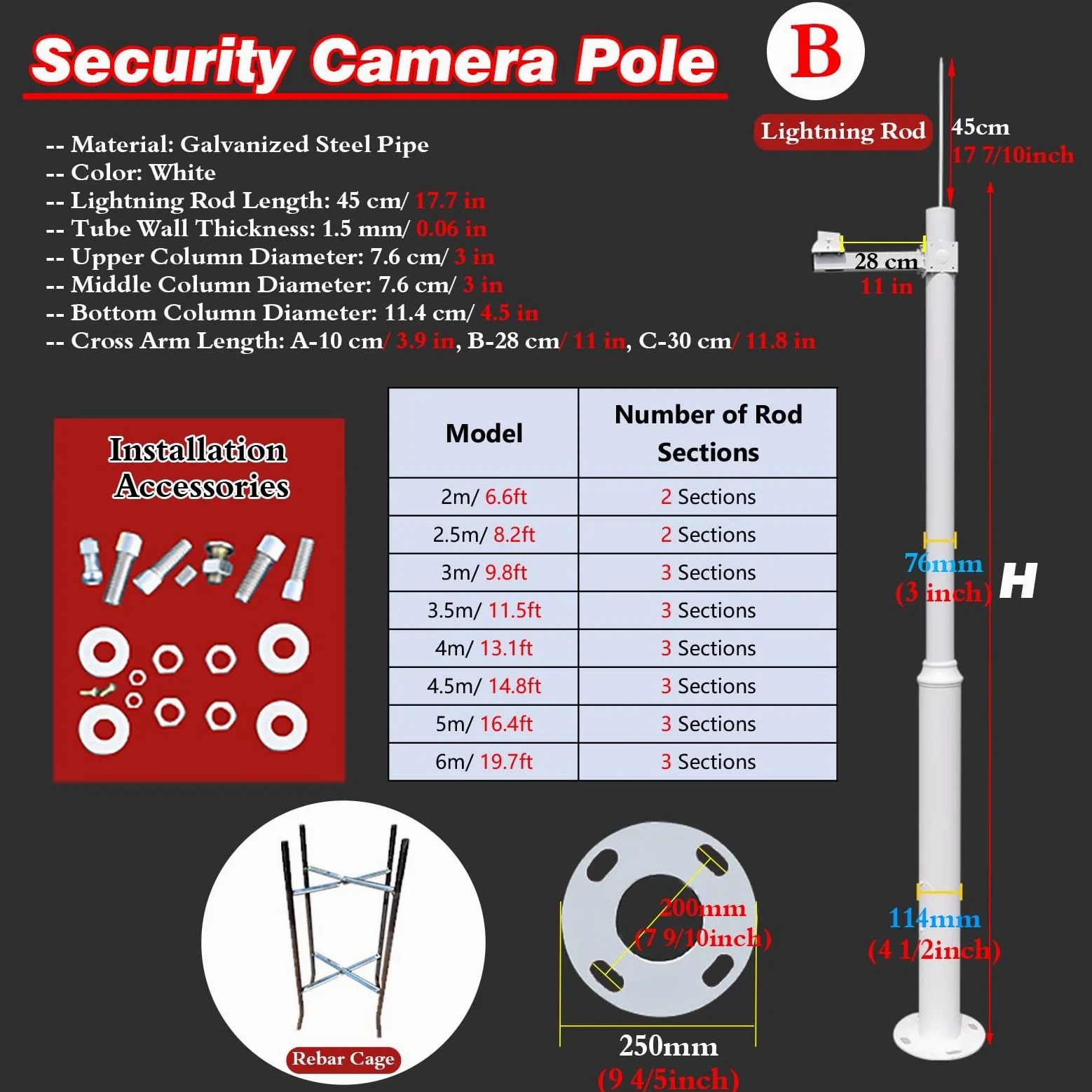 Palo e Braccio Telecamera Sicurezza Staffa di Montaggio Angolare Rimovibile per Telecamera di Sicurezza | Pali Di Giunzione Per Sorveglianza Resistenti Alle Intemperie Per Parchi Industriali/giardini(3.0 m/9.8 ft)