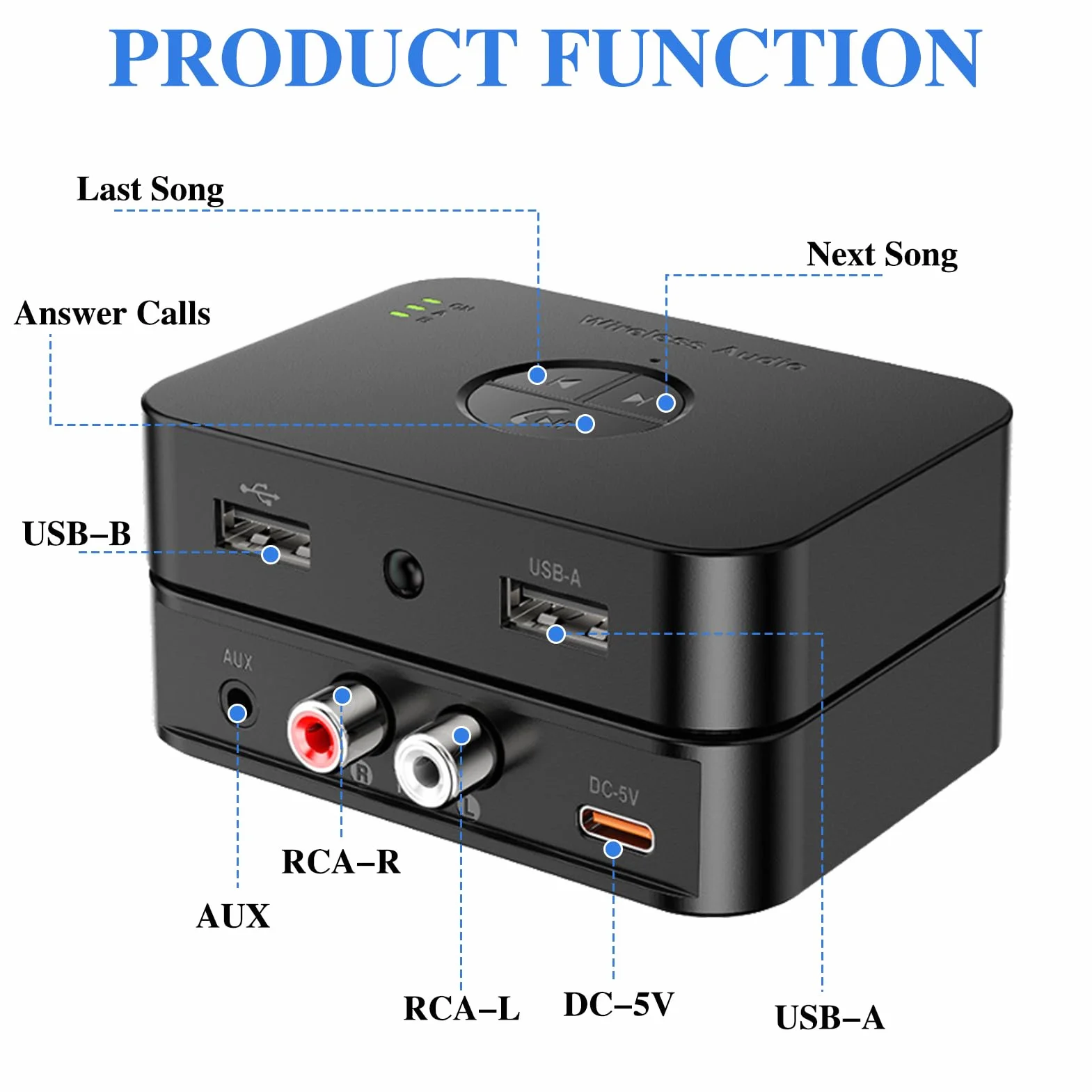 Adattatore Bluetooth 6.0 stereo, doppia connessione 3,5 mm AUX & RCA output, ricevitore Bluetooth per altoparlanti, amplificatore e autoradio, ricevitore audio HiFi Bluetooth con telecomando e 3D