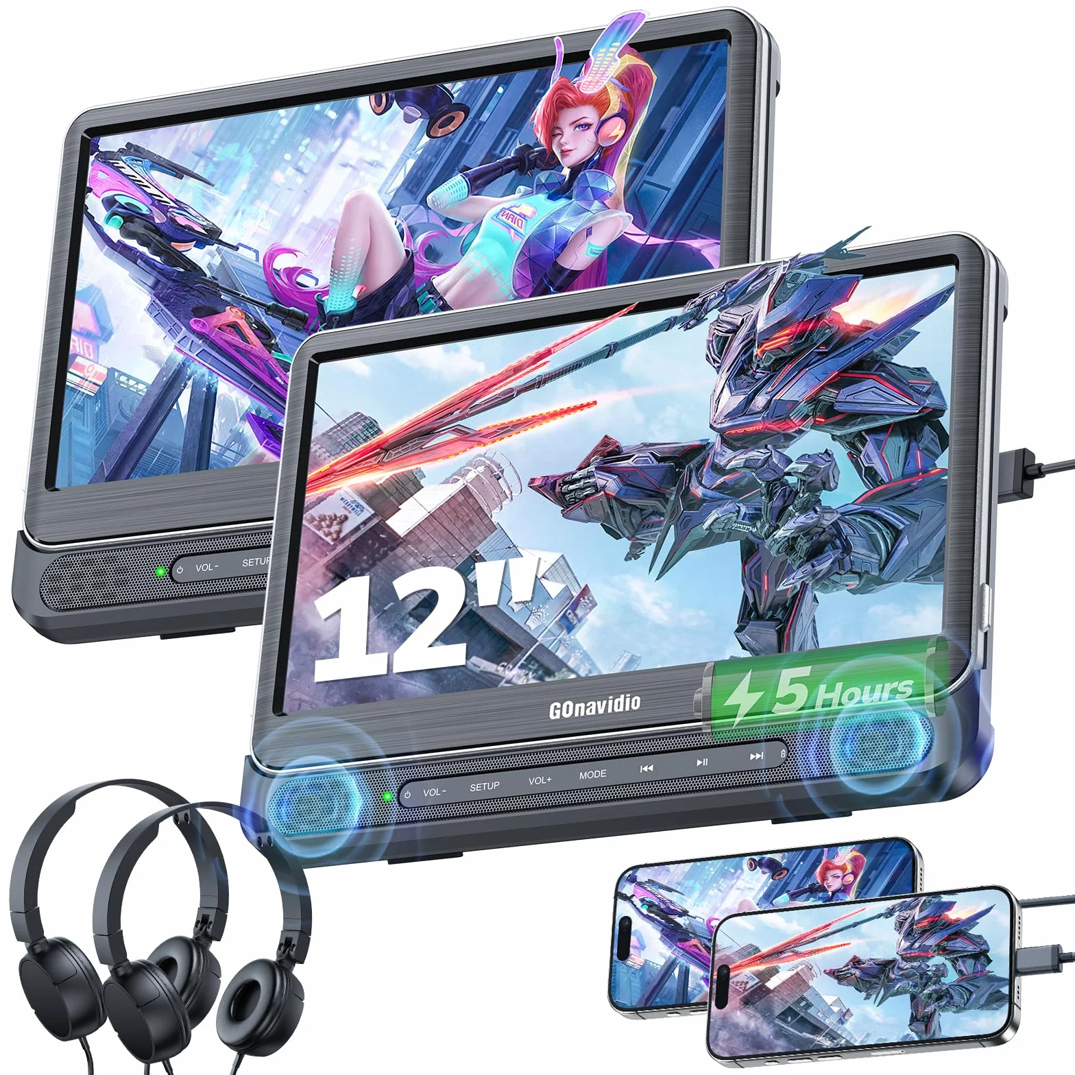 GOnavidio 12" Doppio Lettore DVD Portatile per Auto con Ingresso HDMI, Batteria Ricaricabile Incorporata, Lettori DVD per Auto Supporta MP4/Scheda USB/TF, Ultima Memoria