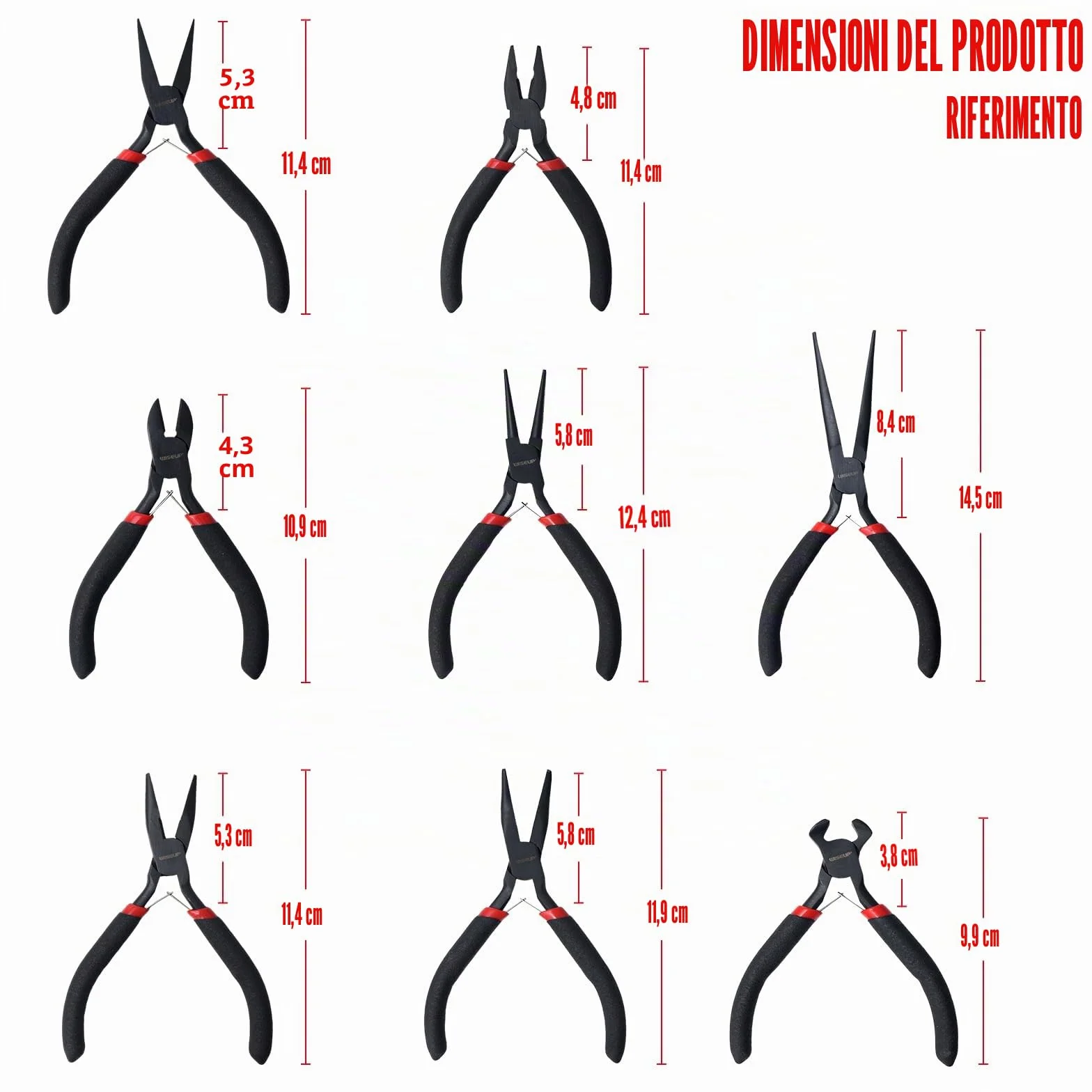 WISEUP Set di 8 mini pinze ago, rotondo, piatto, lungo, becco curvo, diagonale, taglio finale, guardalinee con custodia