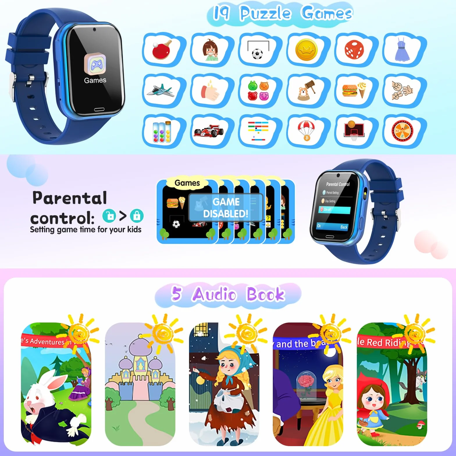 Orologio Smartwatch per Bambini, Telefono Intelligente per Ragazza Ragazzo con 19 Giochi, Contapassi, Musica, Fotocamera, SOS, Torcia, Sveglia Regalo Smartwatch per Bambino 4-12 Regalo (Blu scuro)