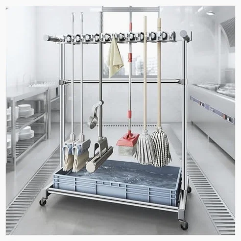 Portascope e mocio in acciaio inox con ganci, organizer da pavimento per garage, giardino, scuola