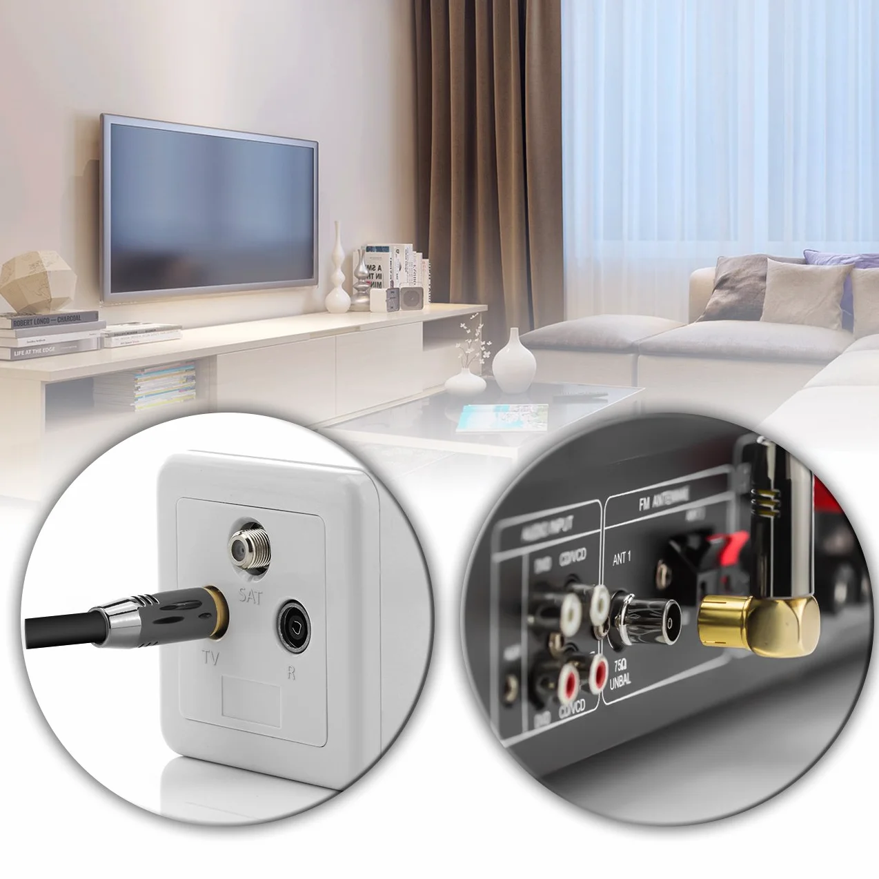 deleyCON 1,5m Cavo Antenna TV 4K Coassiale - 4K Ultra HD Full HD HDTV - 1x Spina IEC Angolata 90° a Presa IEC Dritta - TV Radio DVB-T2 - Connettori in Metallo - Nero