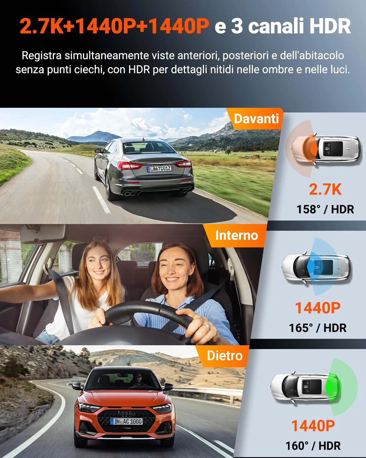 VANTRUE N4S Tripla Dashcam Auto 2.7K+2.5K+2.5K Anteriore Interno Posteriore, 5GHz WiFi GPS Camera Infrarosso, 3 Canuax HDR 360 Gradi, Controllo Vocale Francese, 10s Pre-Registrazione, Max 1 TB