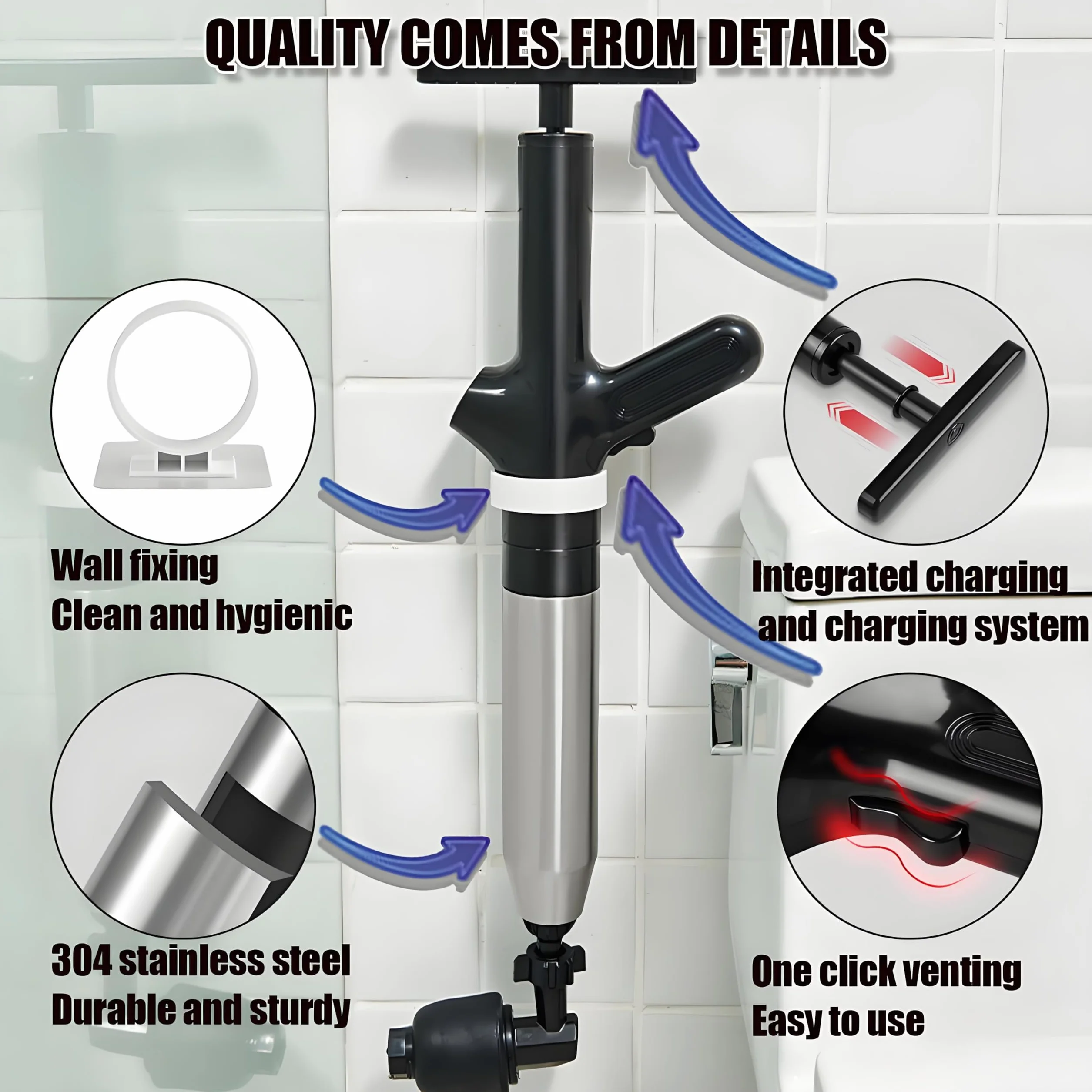 Stantuffo per WC ad Aria Compressa Sturalavandini a Pressione Multifunzionale Nero